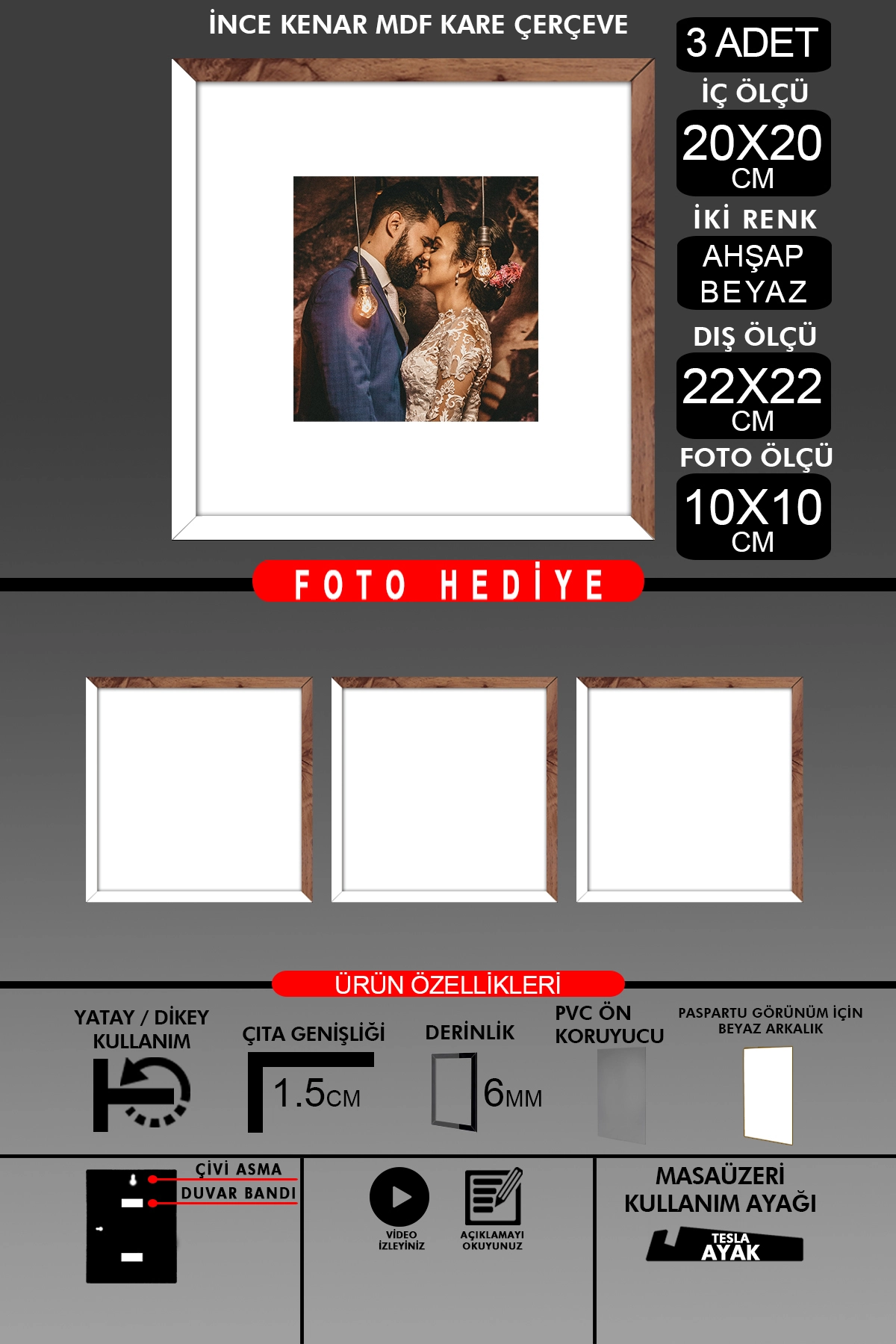 3 Adet 20x20 Çerçeve - İnce Çıtalı Çerçeve - Kare Çerçeve - Fotoğraf Çerçevesi