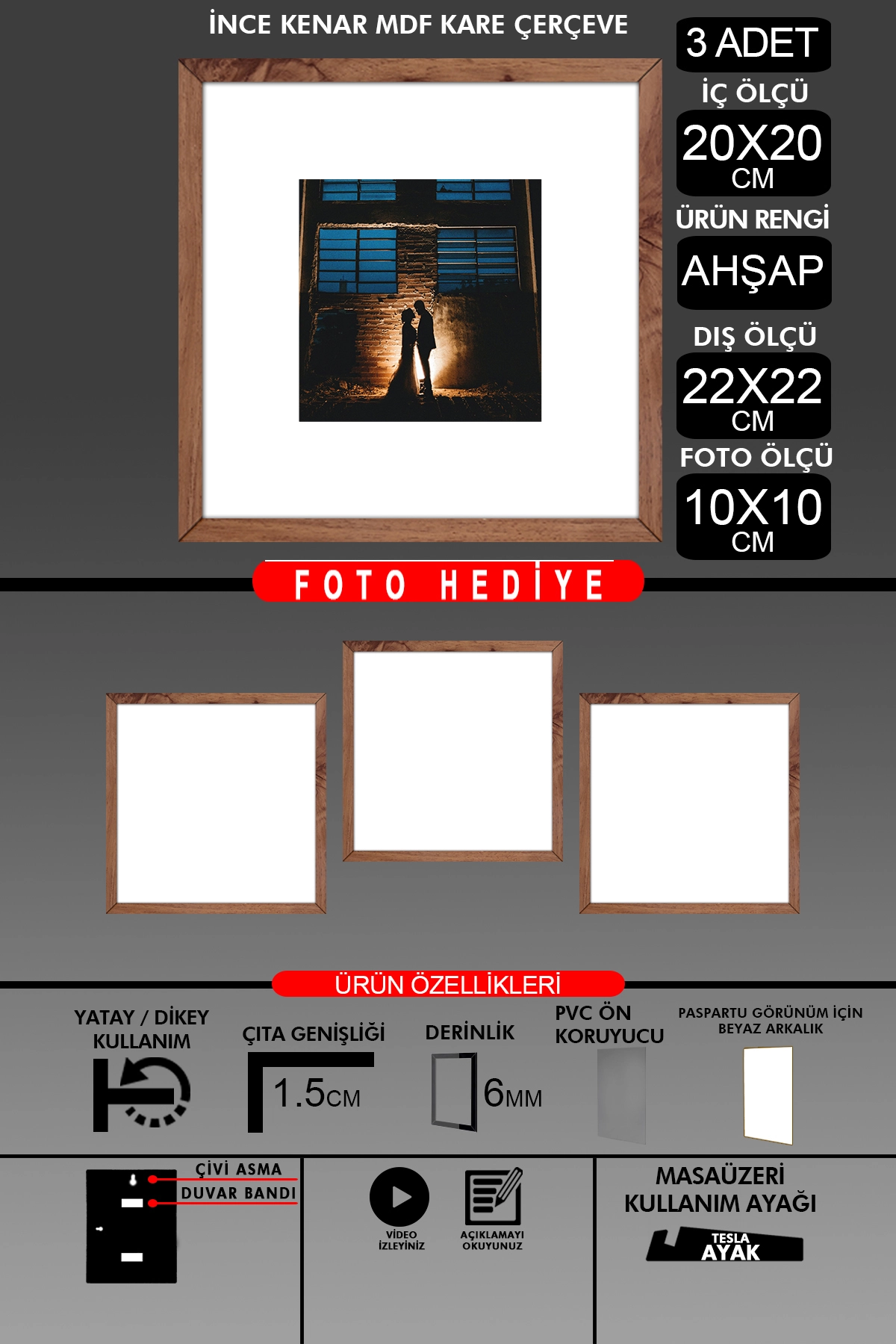 3 Adet 20x20 Çerçeve - İnce Çıtalı Çerçeve - Kare Çerçeve - Fotoğraf Çerçevesi