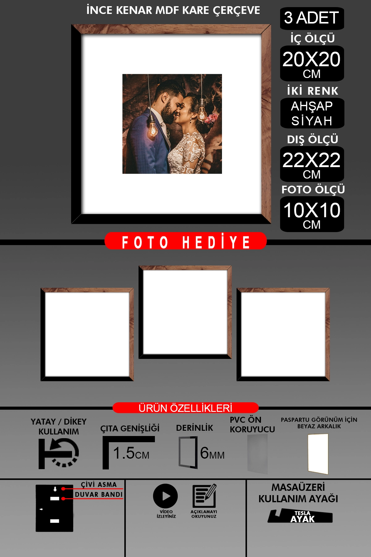 3 Adet 20x20 Çerçeve - İnce Çıtalı Çerçeve - Kare Çerçeve - Fotoğraf Çerçevesi