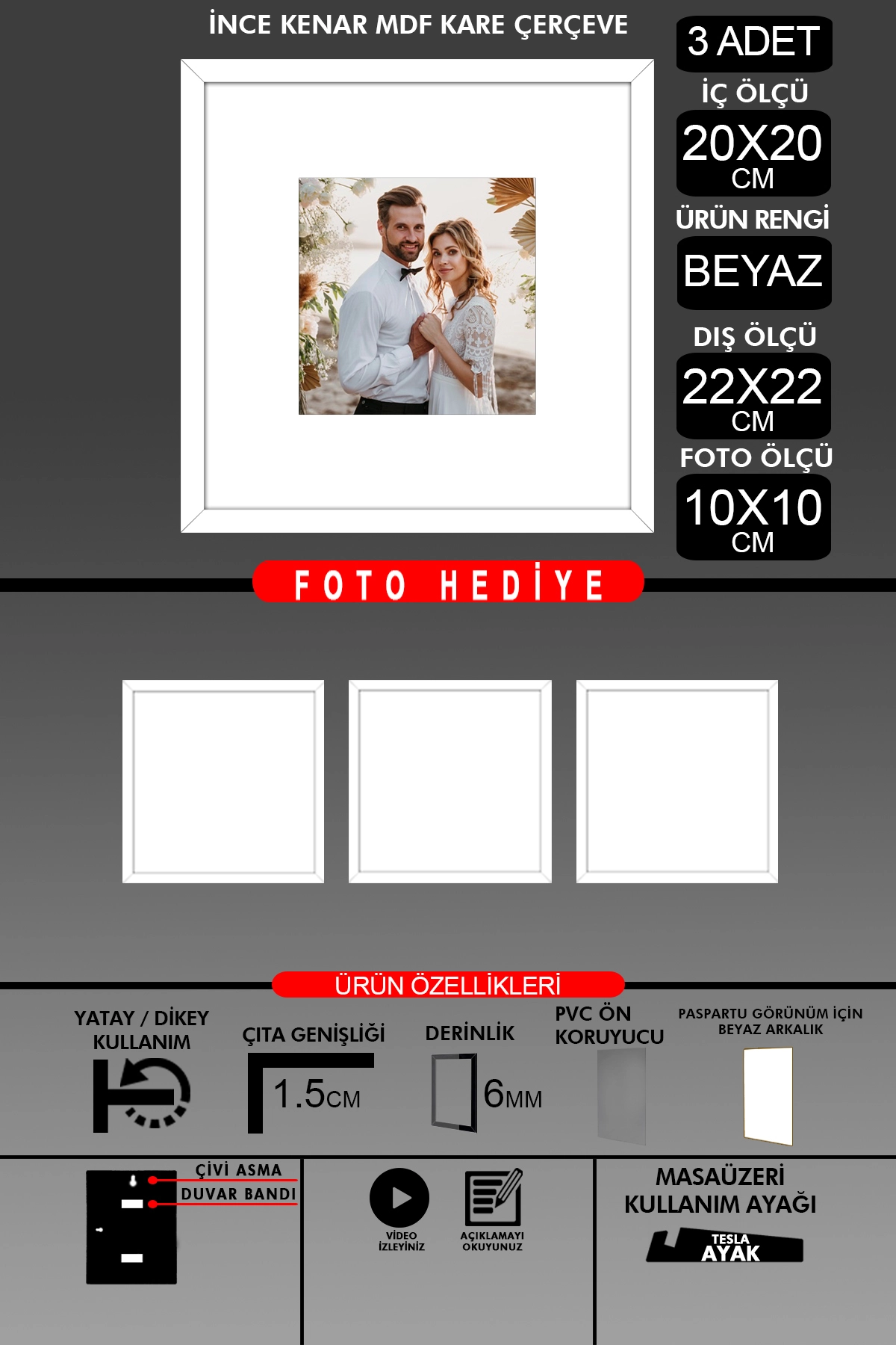 3 Adet 20x20 Çerçeve - İnce Çıtalı Çerçeve - Kare Çerçeve - Fotoğraf Çerçevesi