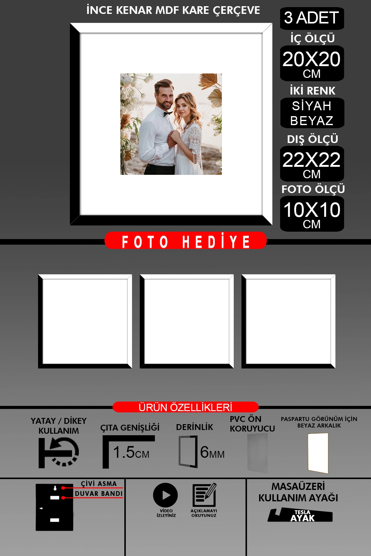 3 Adet 20x20 Çerçeve - İnce Çıtalı Çerçeve - Kare Çerçeve - Fotoğraf Çerçevesi