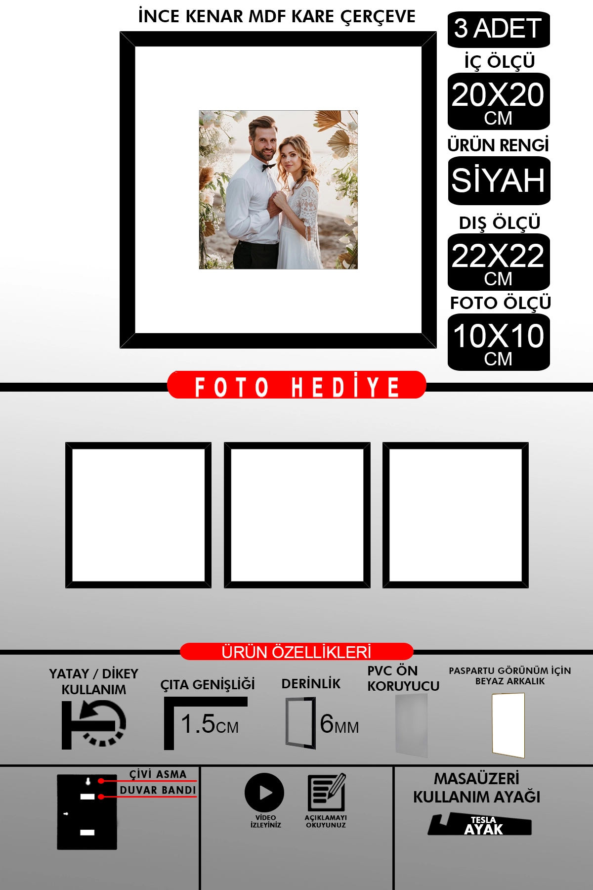 3 Adet 20x20 Çerçeve - İnce Çıtalı Çerçeve - Kare Çerçeve - Fotoğraf Çerçevesi