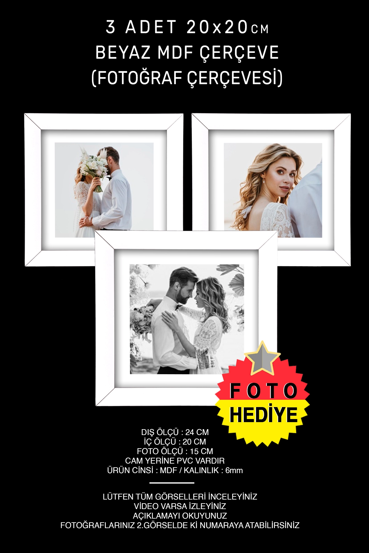 1 ADET 20x20 MDF ÇERÇEVE - KARE ÇERÇEVE Fotoğraf Çerçevesi