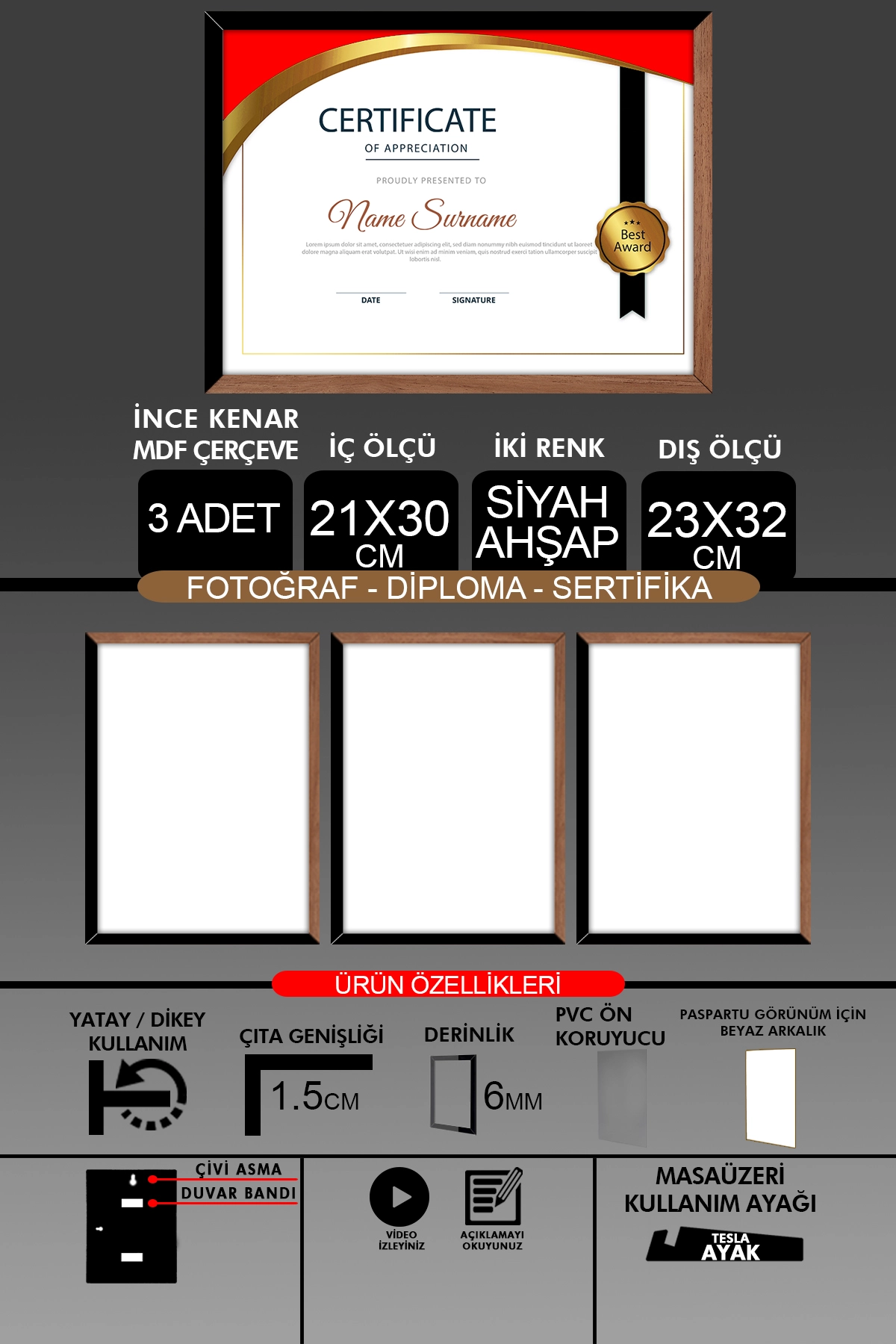 3 Adet 21x30 Çerçeve - İnce Çıtalı A4 Çerçeve - Fotoğraf Sertifika Çerçevesi