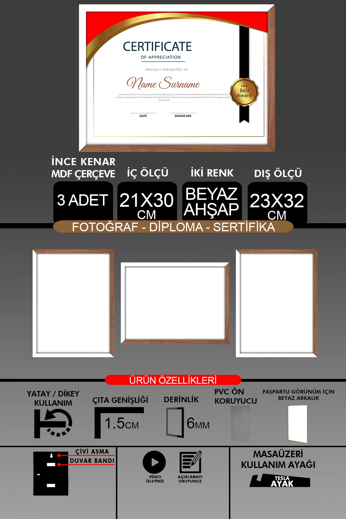 3 Adet 21x30 Çerçeve - İnce Çıtalı A4 Çerçeve - Fotoğraf Sertifika Çerçevesi