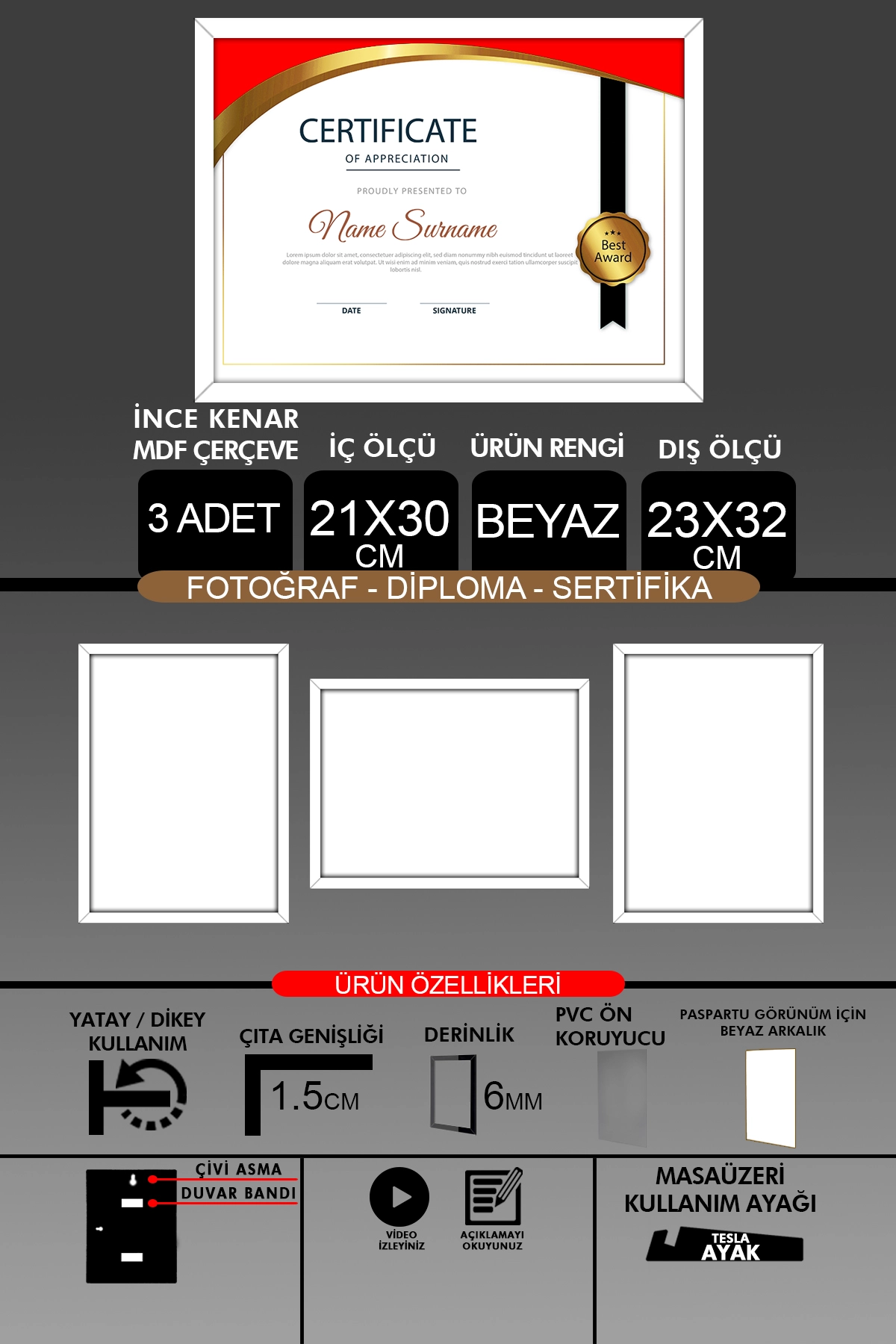 3 Adet 21x30 Çerçeve - İnce Çıtalı A4 Çerçeve - Fotoğraf Sertifika Çerçevesi