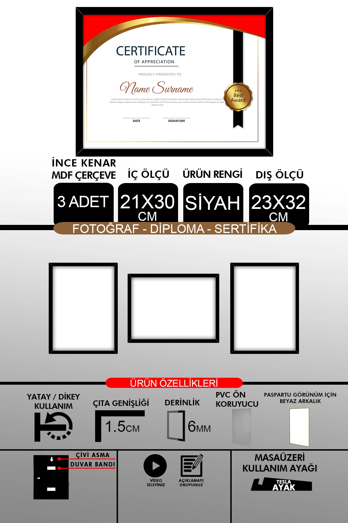 3 Adet 21x30 Çerçeve - İnce Çıtalı A4 Çerçeve - Fotoğraf Sertifika Çerçevesi