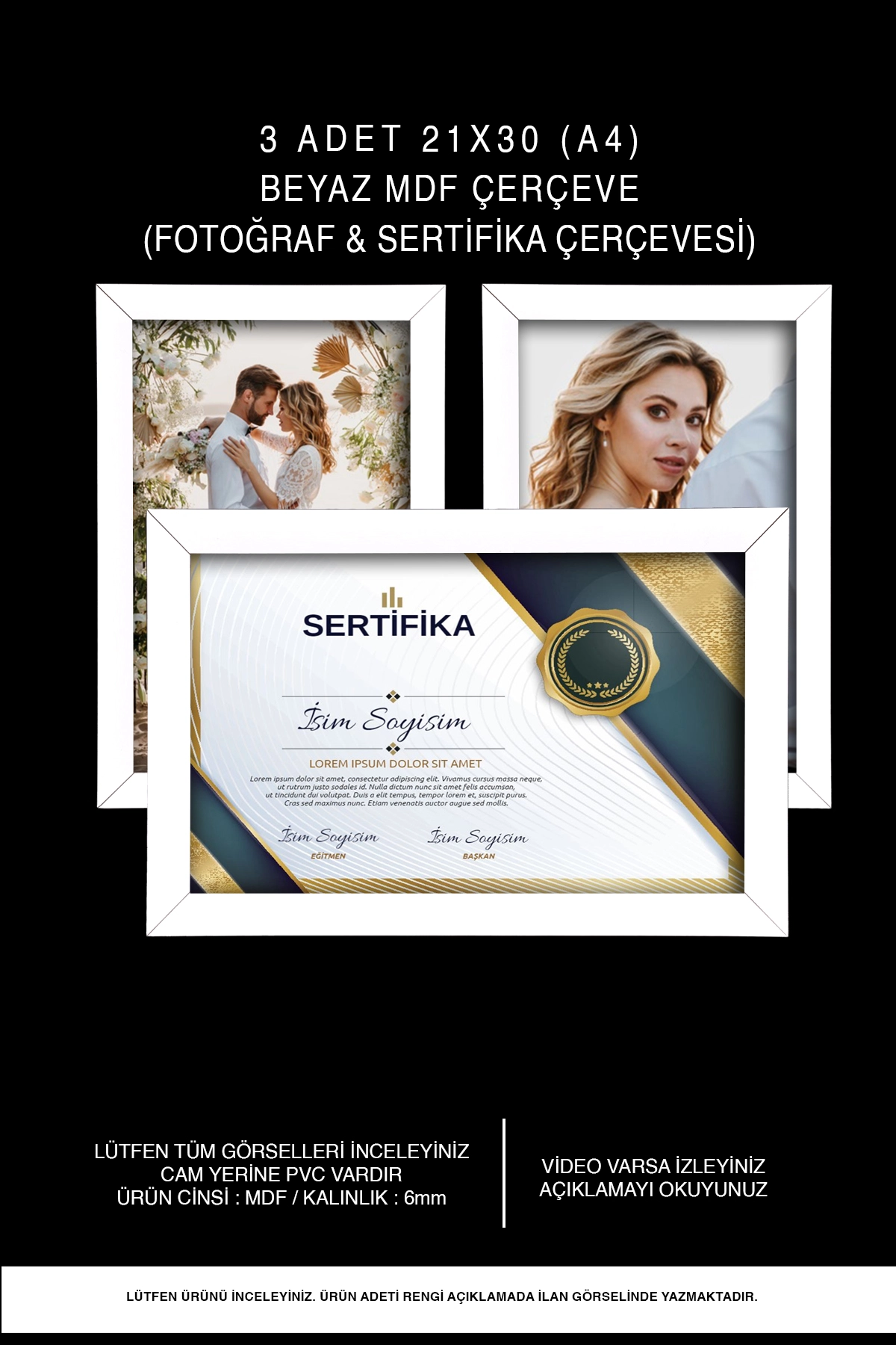 3 ADET 21x30 MDF ÇERÇEVE - DİKDÖRTGEN ÇERÇEVE Fotoğraf Çerçevesi 
