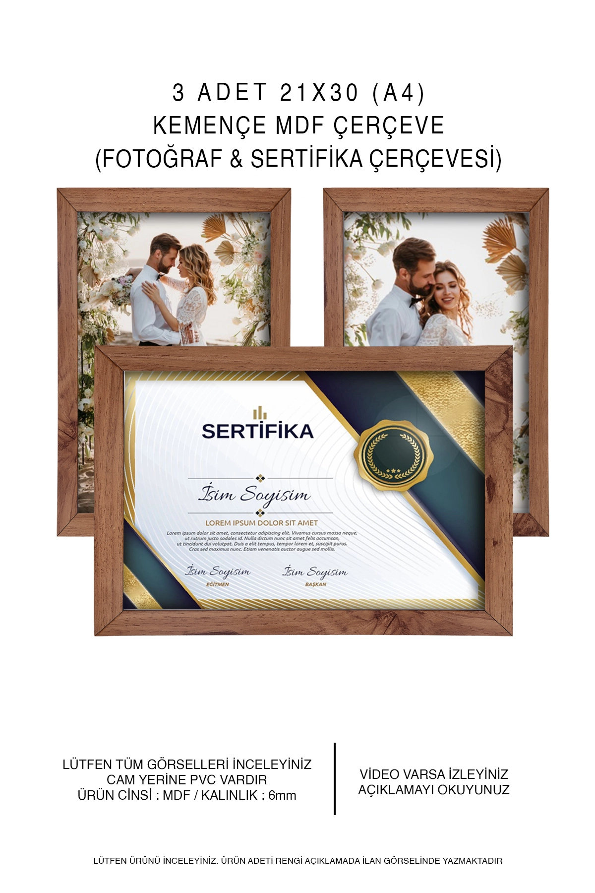 3 ADET 15x21 MDF ÇERÇEVE - DİKDÖRTGEN ÇERÇEVE Fotoğraf Çerçevesi 