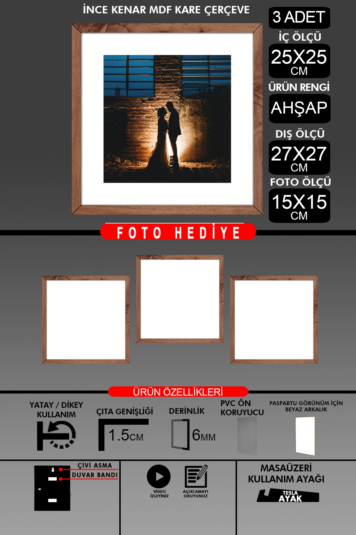3 Adet 25x25 Çerçeve - İnce Çıtalı Çerçeve -Kare Çerçeve Fotoğraf Çerçevesi