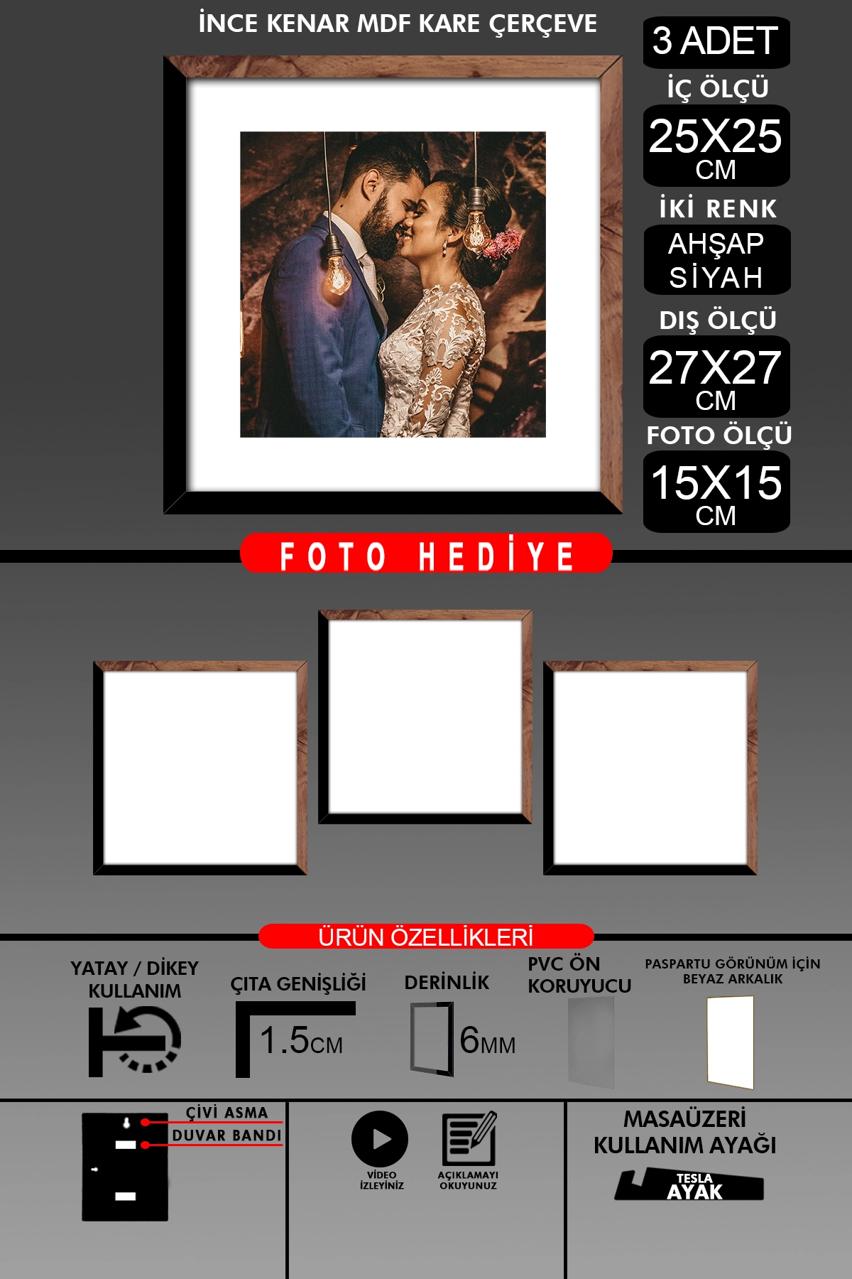 3 Adet 25x25 Çerçeve - İnce Çıtalı Çerçeve -Kare Çerçeve Fotoğraf Çerçevesi