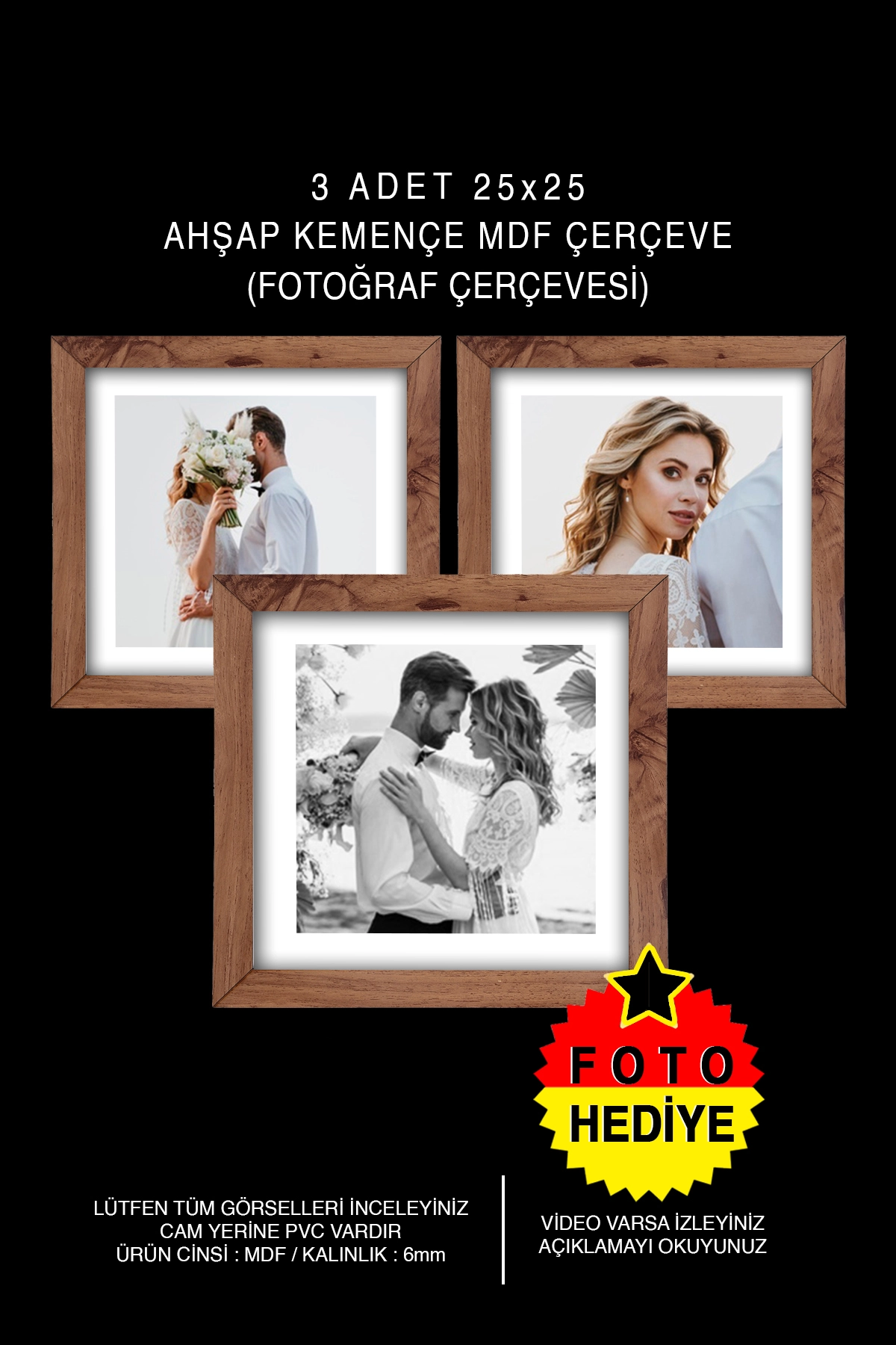 3 ADET 25x25 MDF ÇERÇEVE - KARE ÇERÇEVE Fotoğraf Çerçevesi