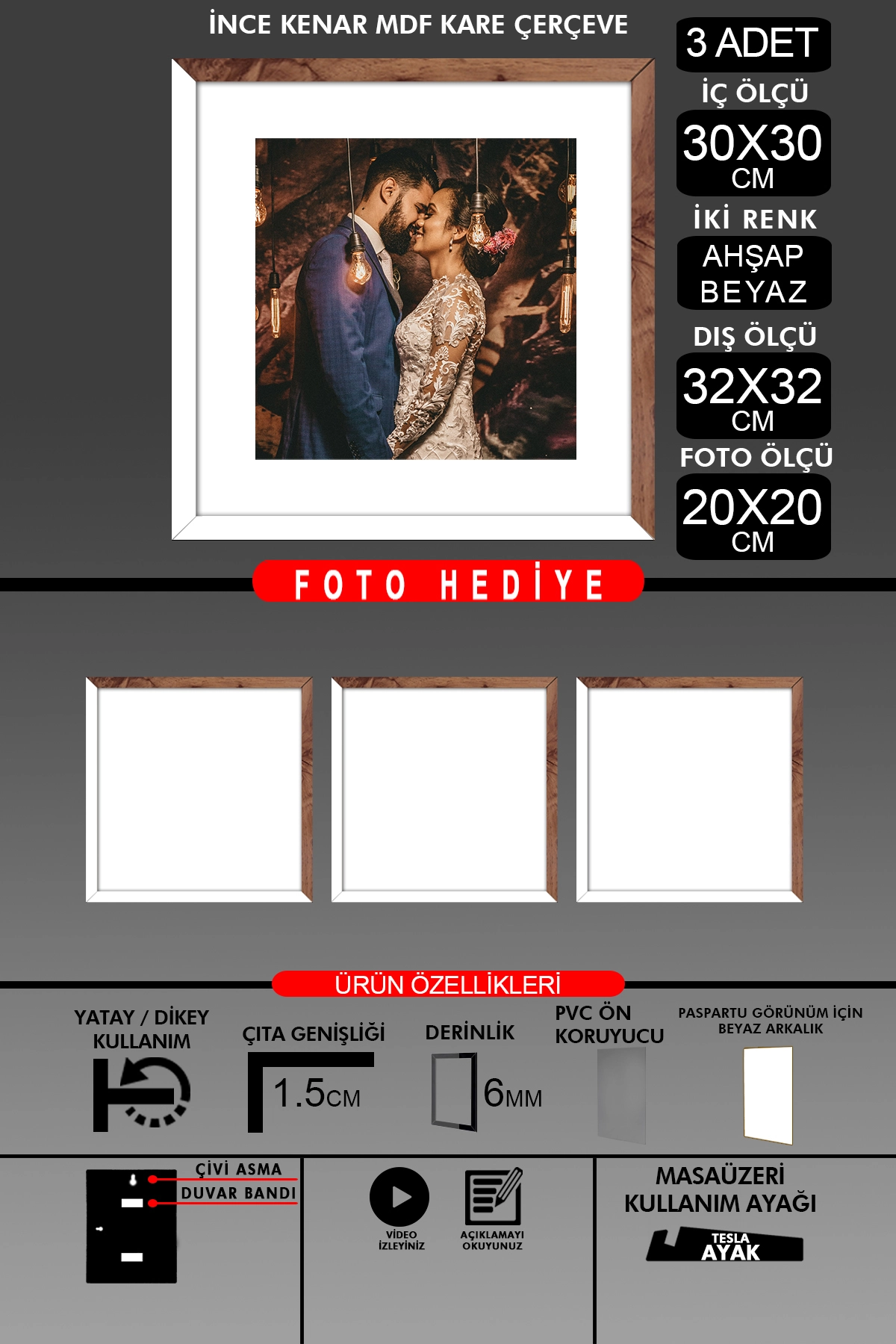 3 Adet 30x30 Çerçeve - İnce Çıtalı Çerçeve -Kare Çerçeve - Fotoğraf Çerçevesi