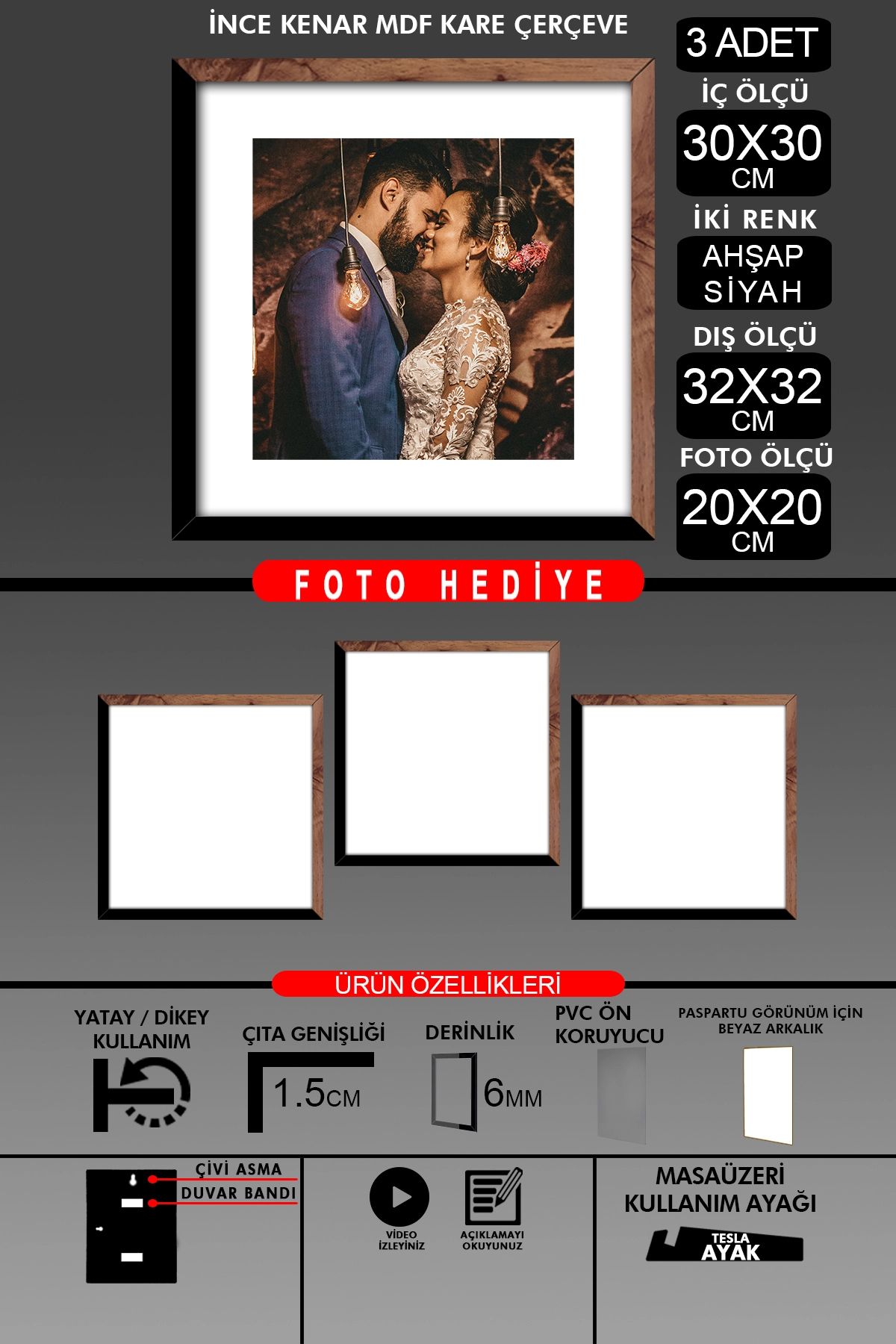 3 Adet 30x30 Çerçeve - İnce Çıtalı Çerçeve -Kare Çerçeve - Fotoğraf Çerçevesi