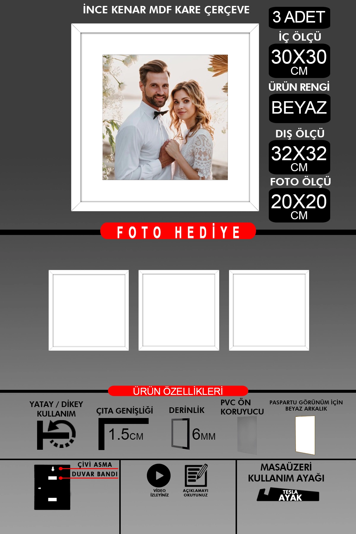 3 Adet 30x30 Çerçeve - İnce Çıtalı Çerçeve -Kare Çerçeve - Fotoğraf Çerçevesi