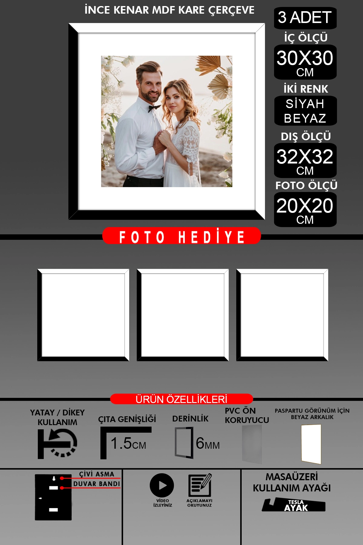 3 Adet 30x30 Çerçeve - İnce Çıtalı Çerçeve -Kare Çerçeve - Fotoğraf Çerçevesi