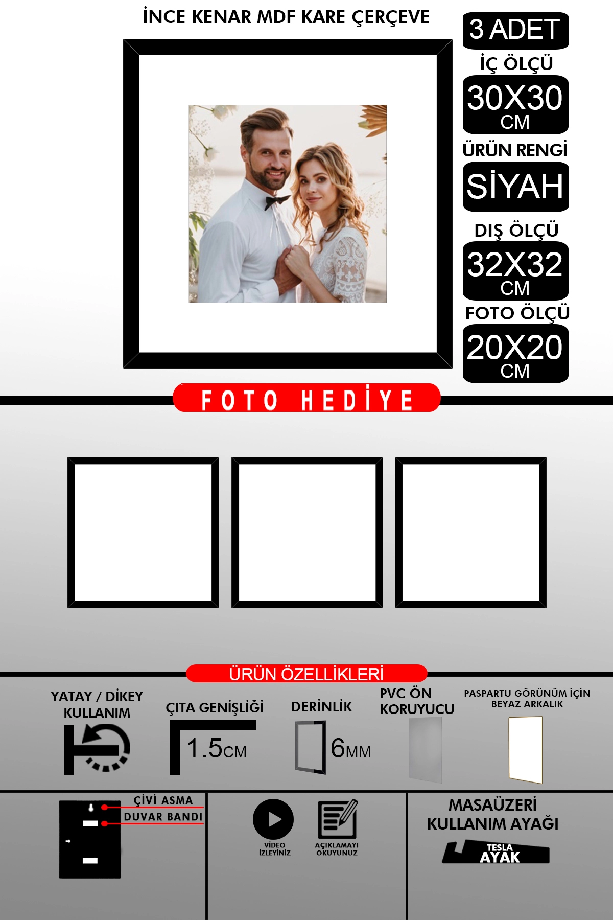 3 Adet 30x30 Çerçeve - İnce Çıtalı Çerçeve -Kare Çerçeve - Fotoğraf Çerçevesi