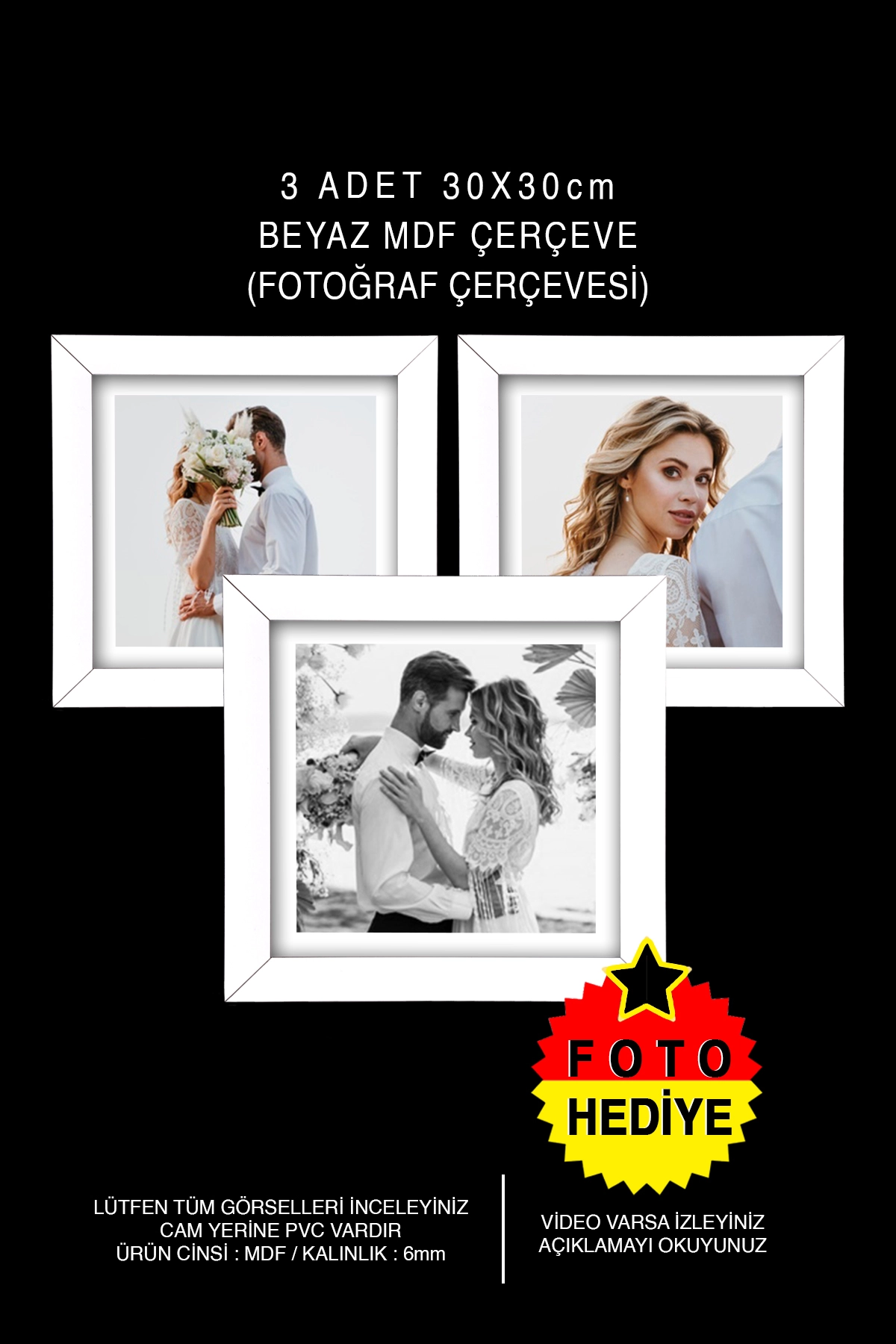 3 ADET 30x30 MDF ÇERÇEVE - KARE ÇERÇEVE Fotoğraf Çerçevesi