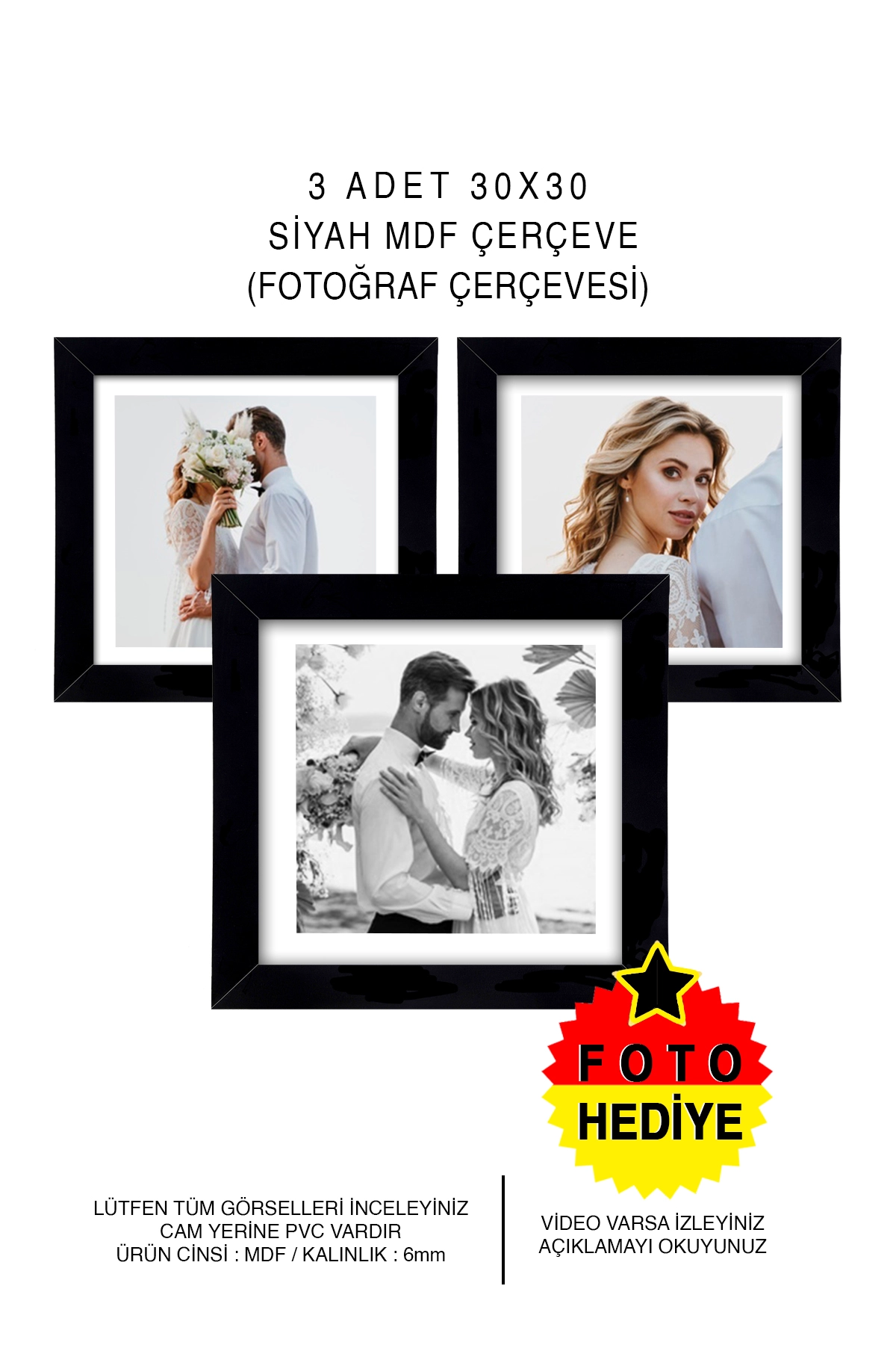 3 ADET 30x30 MDF ÇERÇEVE - KARE ÇERÇEVE Fotoğraf Çerçevesi