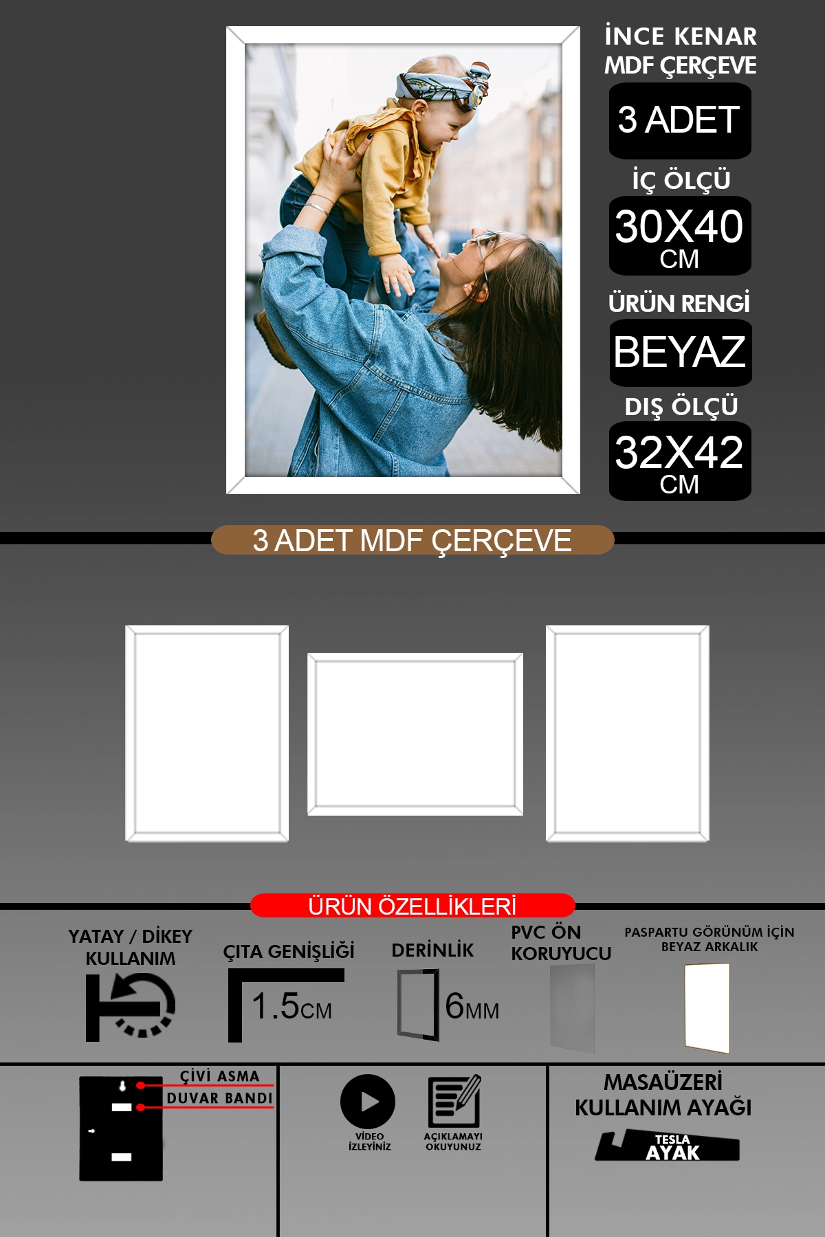 3 Adet 30x40 Çerçeve - İnce Çıtalı A3 Çerçeve - 6mm Fotoğraf Çerçevesi