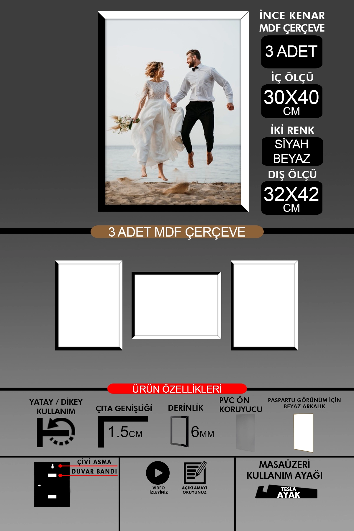 3 Adet 30x40 Çerçeve - İnce Çıtalı A3 Çerçeve - 6mm Fotoğraf Çerçevesi