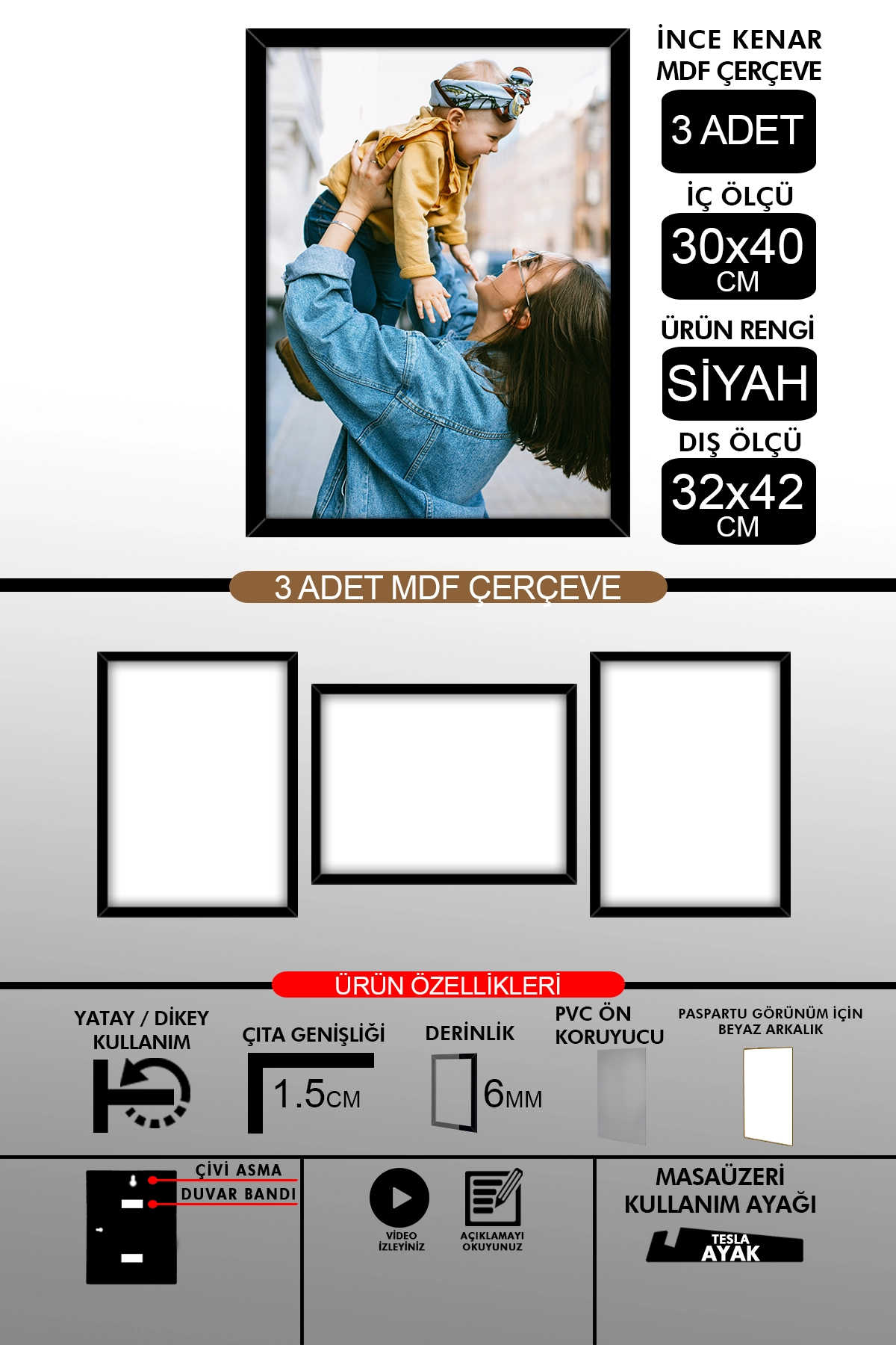 3 Adet 30x40 Çerçeve - İnce Çıtalı A3 Çerçeve - 6mm Fotoğraf Çerçevesi