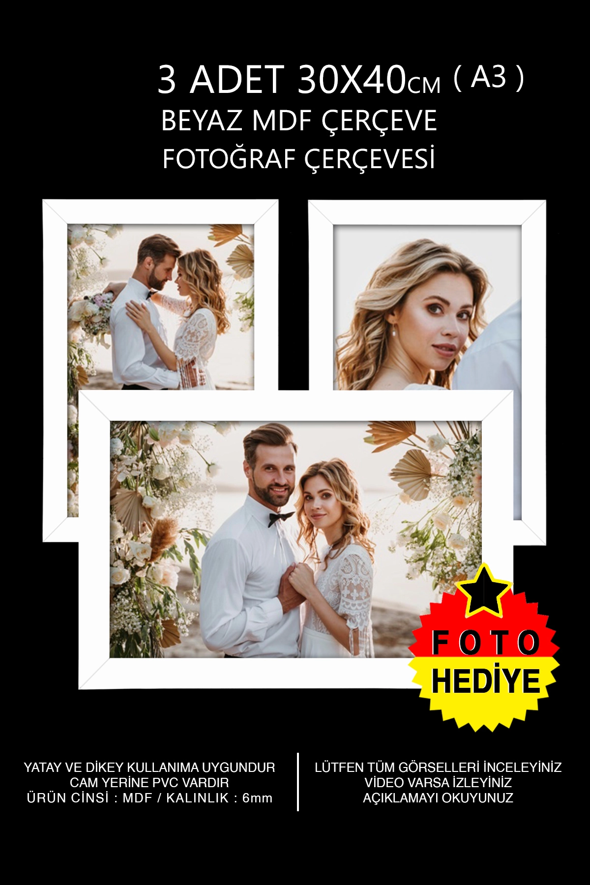 3 ADET 30x40 MDF ÇERÇEVE - DİKDÖRTGEN ÇERÇEVE Fotoğraf Çerçevesi