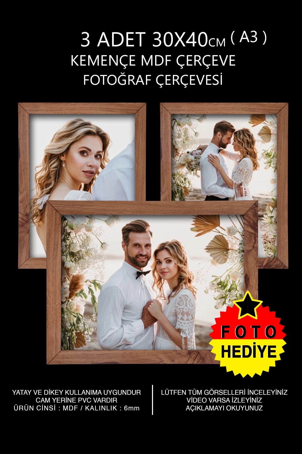 3 ADET 30x40 MDF ÇERÇEVE - DİKDÖRTGEN ÇERÇEVE Fotoğraf Çerçevesi
