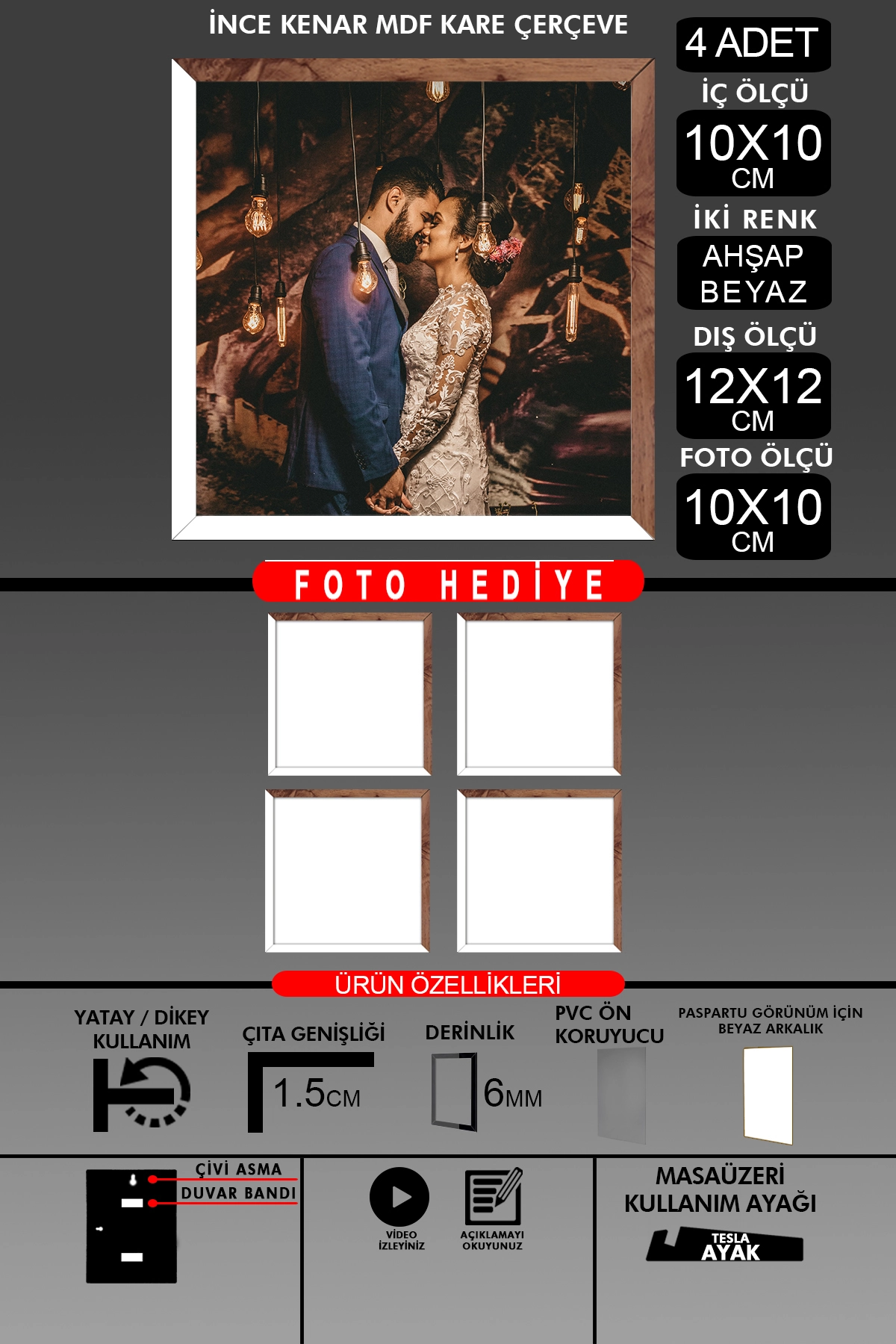 4 Adet 10X10 Çerçeve - İnce Çıtalı Çerçeve - Kare Çerçeve - Fotoğraf Çerçevesi