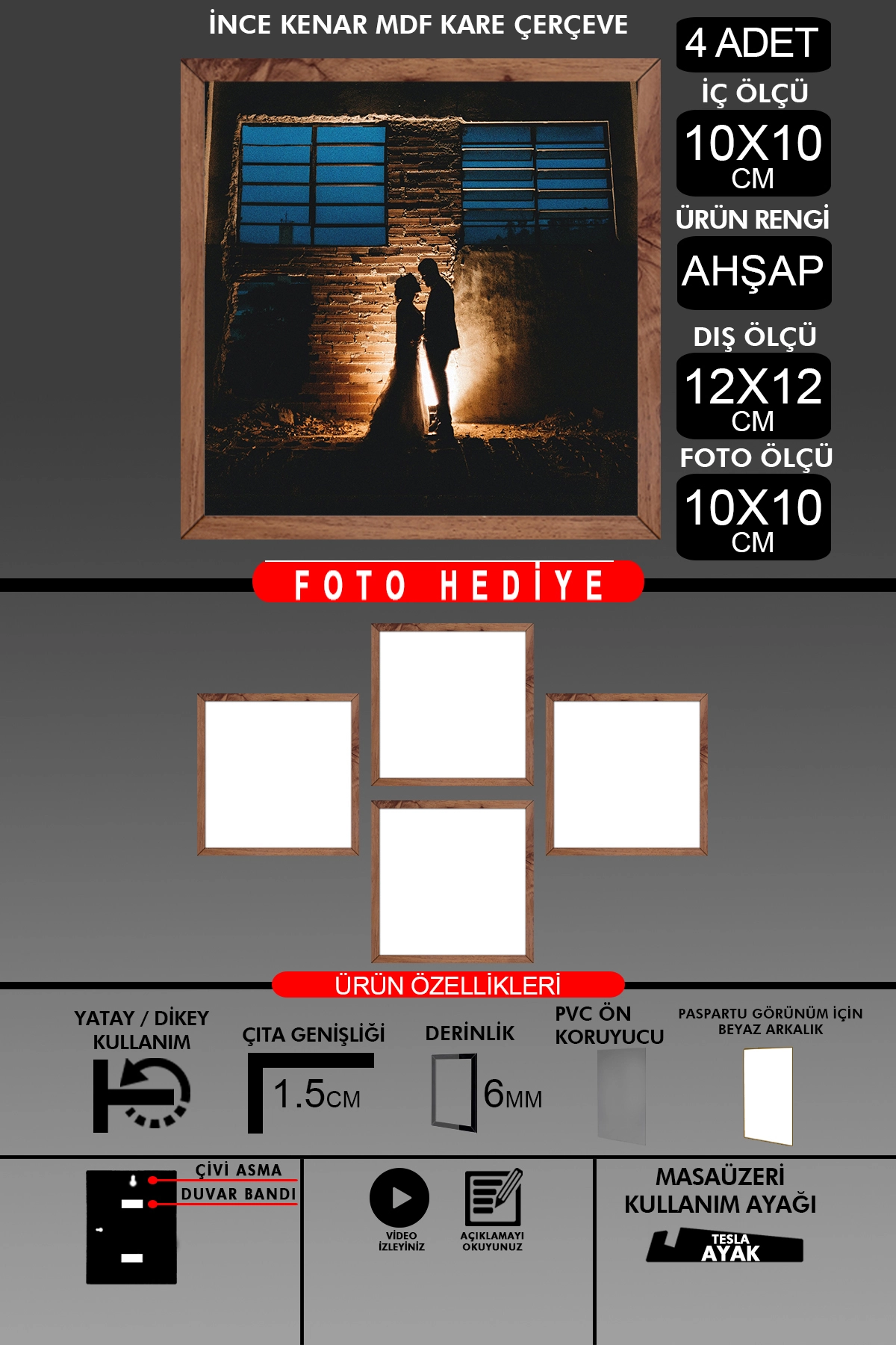 4 Adet 10X10 Çerçeve - İnce Çıtalı Çerçeve - Kare Çerçeve - Fotoğraf Çerçevesi