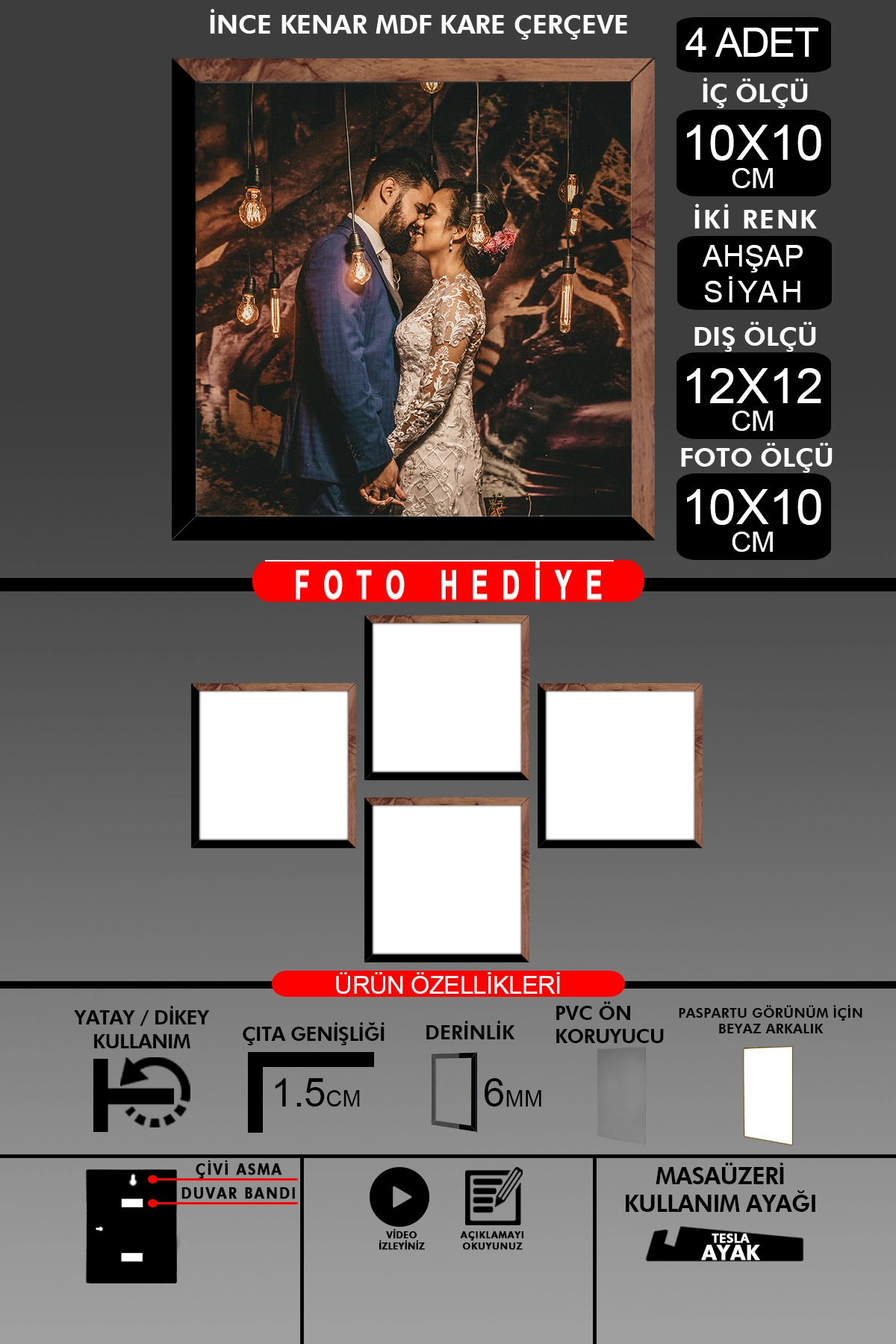 4 Adet 10X10 Çerçeve - İnce Çıtalı Çerçeve - Kare Çerçeve - Fotoğraf Çerçevesi