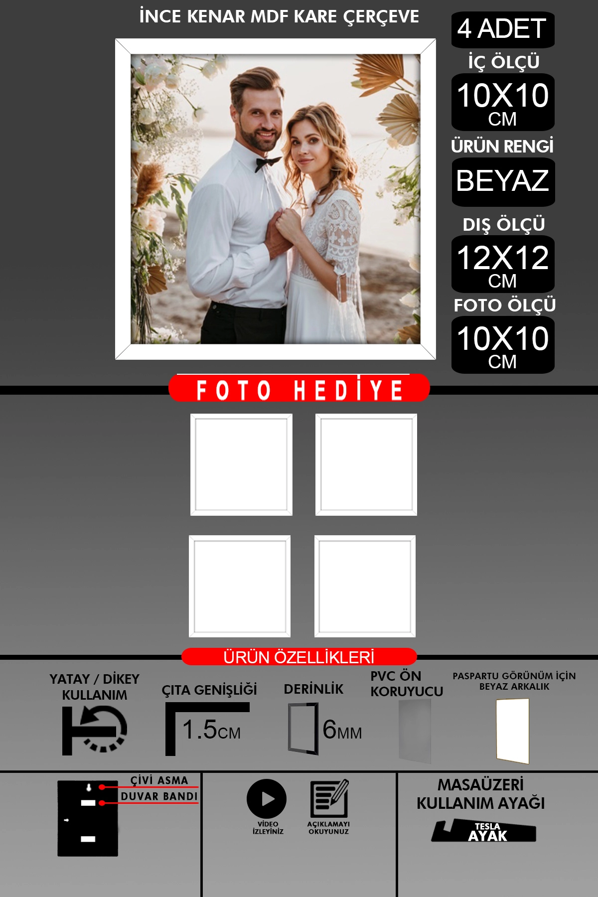 4 Adet 10X10 Çerçeve - İnce Çıtalı Çerçeve - Kare Çerçeve - Fotoğraf Çerçevesi