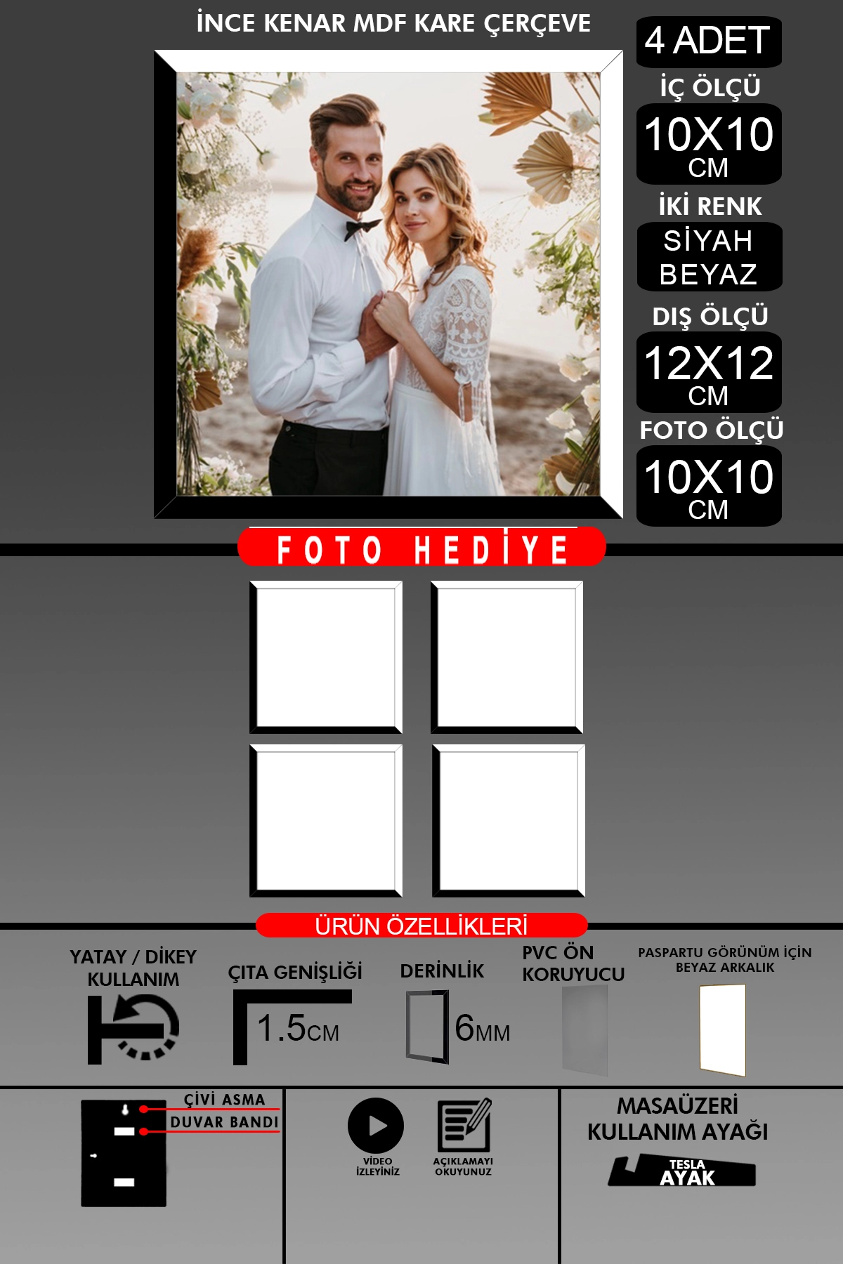 4 Adet 10X10 Çerçeve - İnce Çıtalı Çerçeve - Kare Çerçeve - Fotoğraf Çerçevesi