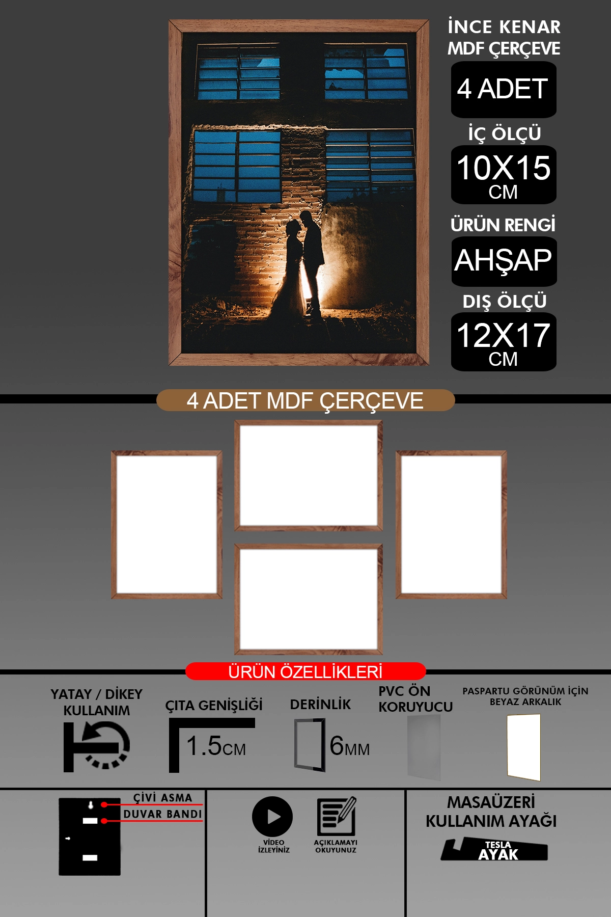 4 Adet 10x15 Çerçeve - İnce Çıtalı Çerçeve- 6mm Çerçeve Fotoğraf Çerçevesi