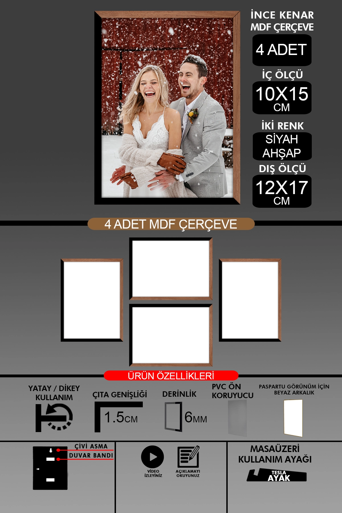 4 Adet 10x15 Çerçeve - İnce Çıtalı Çerçeve- 6mm Çerçeve Fotoğraf Çerçevesi