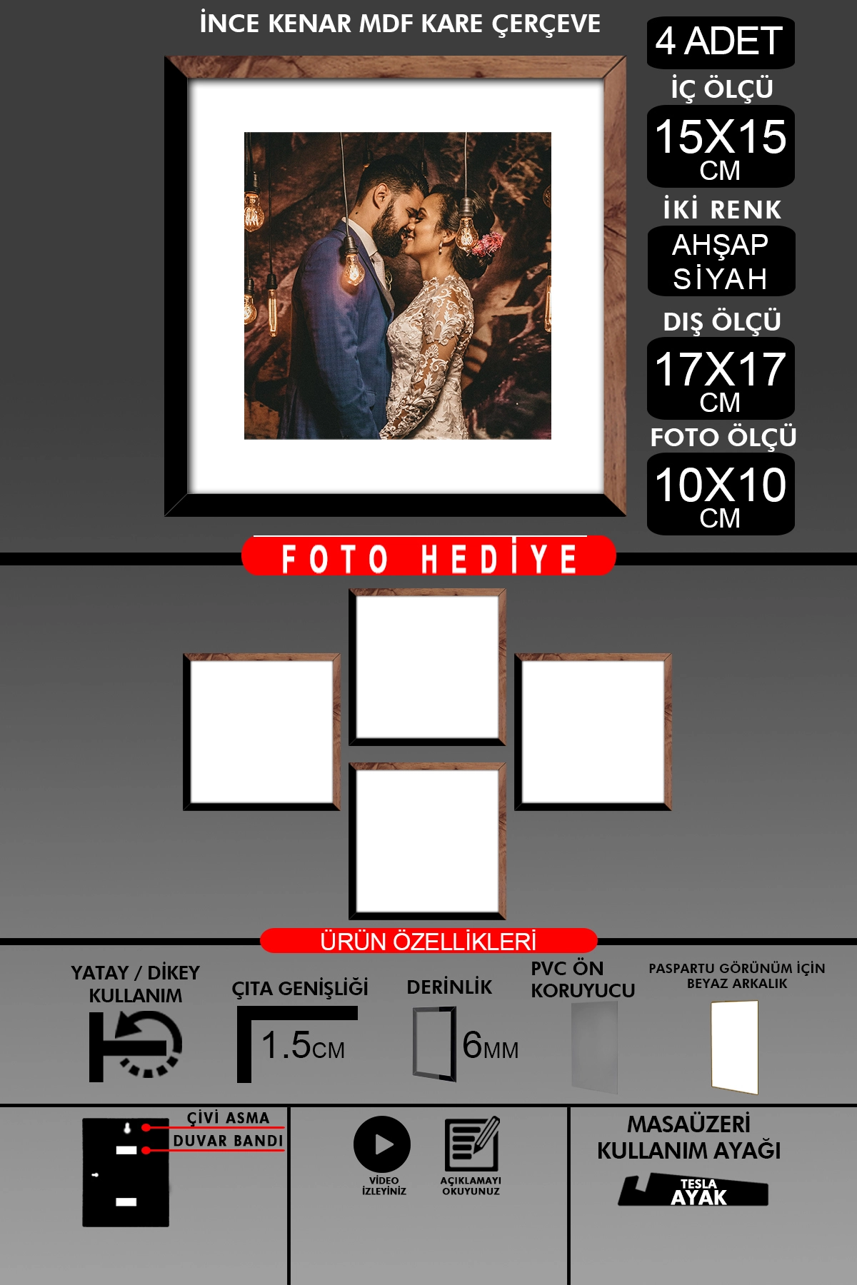 4 Adet 15x15 Çerçeve - İnce Çıtalı Çerçeve - Kare Çerçeve - Fotoğraf Çerçevesi