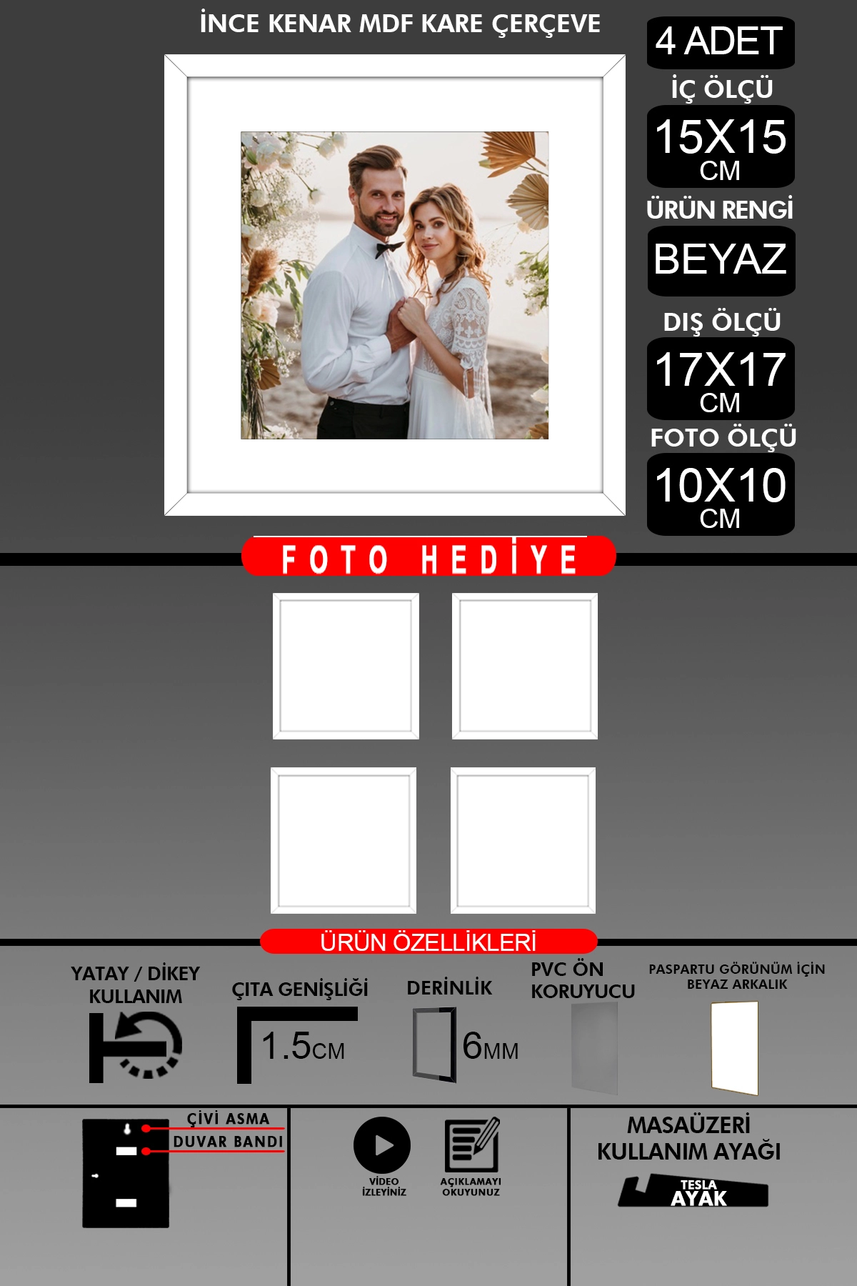 4 Adet 15x15 Çerçeve - İnce Çıtalı Çerçeve - Kare Çerçeve - Fotoğraf Çerçevesi