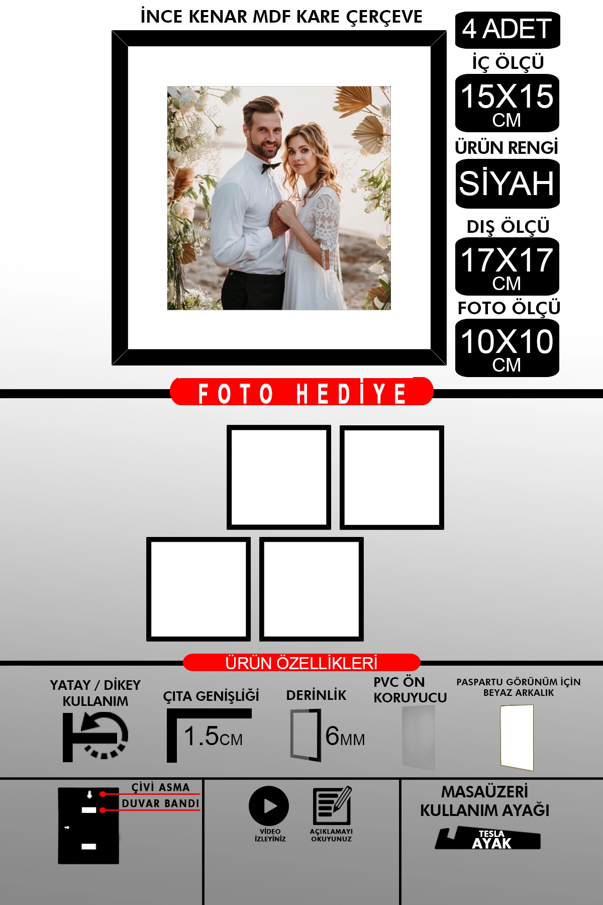 4 Adet 15x15 Çerçeve - İnce Çıtalı Çerçeve - Kare Çerçeve - Fotoğraf Çerçevesi
