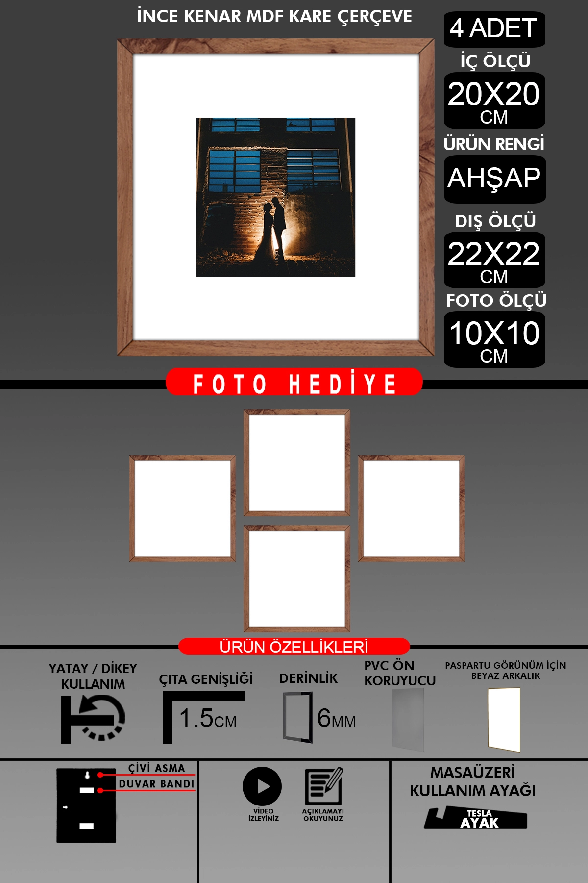 4 Adet 20x20 Çerçeve - İnce Çıtalı Çerçeve - Kare Çerçeve - Fotoğraf Çerçevesi