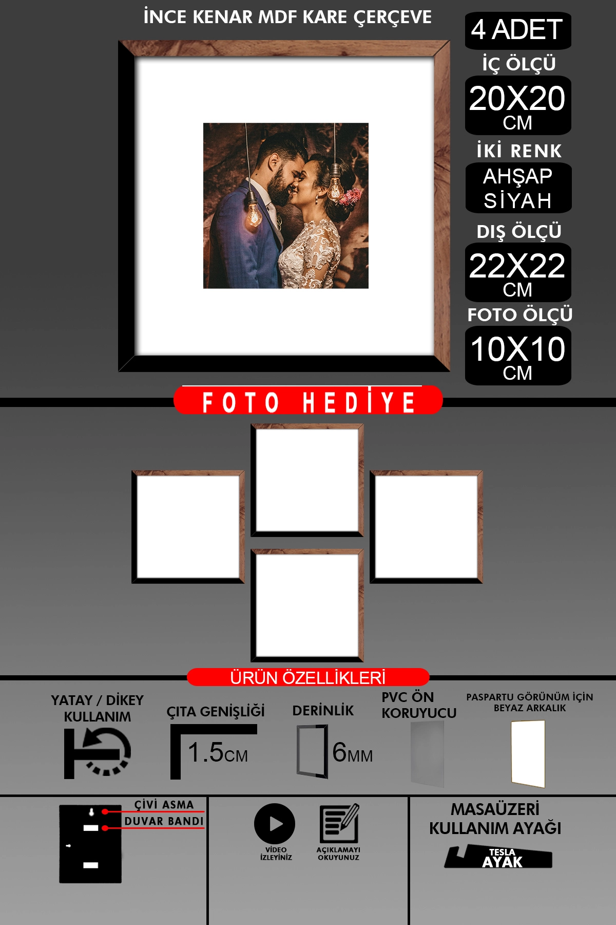 4 Adet 20x20 Çerçeve - İnce Çıtalı Çerçeve - Kare Çerçeve - Fotoğraf Çerçevesi