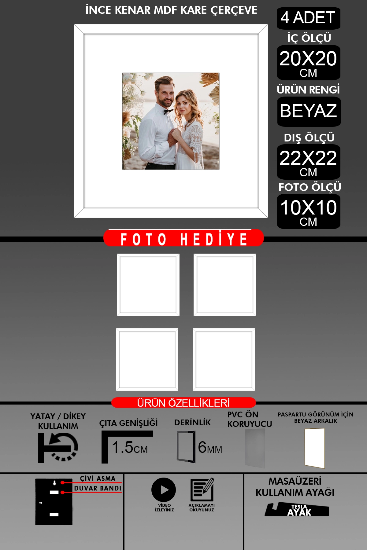 4 Adet 20x20 Çerçeve - İnce Çıtalı Çerçeve - Kare Çerçeve - Fotoğraf Çerçevesi