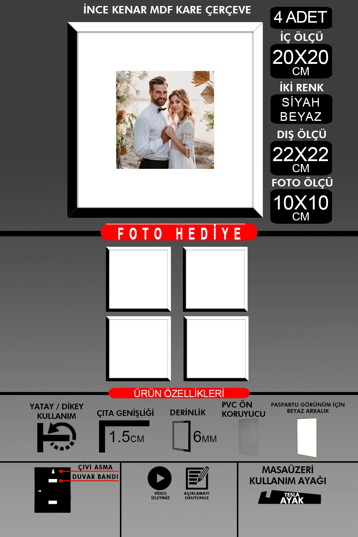 4 Adet 20x20 Çerçeve - İnce Çıtalı Çerçeve - Kare Çerçeve - Fotoğraf Çerçevesi