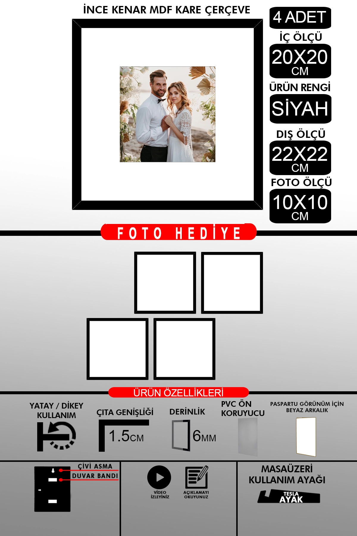 4 Adet 20x20 Çerçeve - İnce Çıtalı Çerçeve - Kare Çerçeve - Fotoğraf Çerçevesi