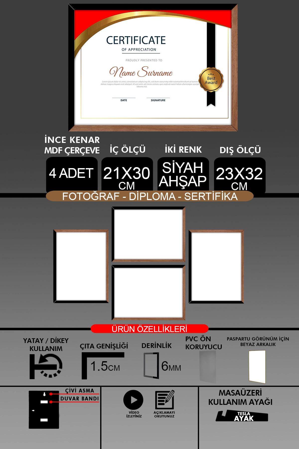 4 Adet 21x30 Çerçeve - İnce Çıtalı A4 Çerçeve - Fotoğraf Sertifika Çerçevesi