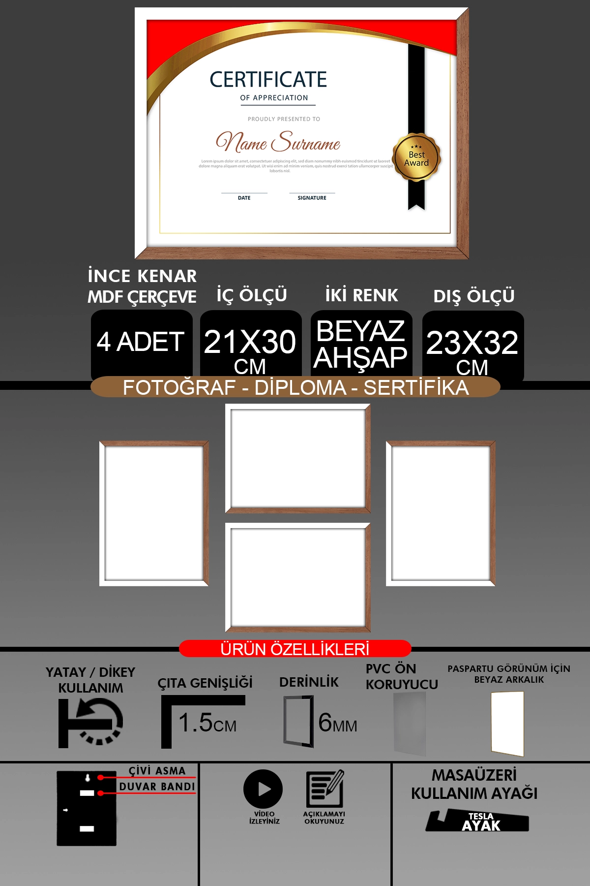 4 Adet 21x30 Çerçeve - İnce Çıtalı A4 Çerçeve - Fotoğraf Sertifika Çerçevesi