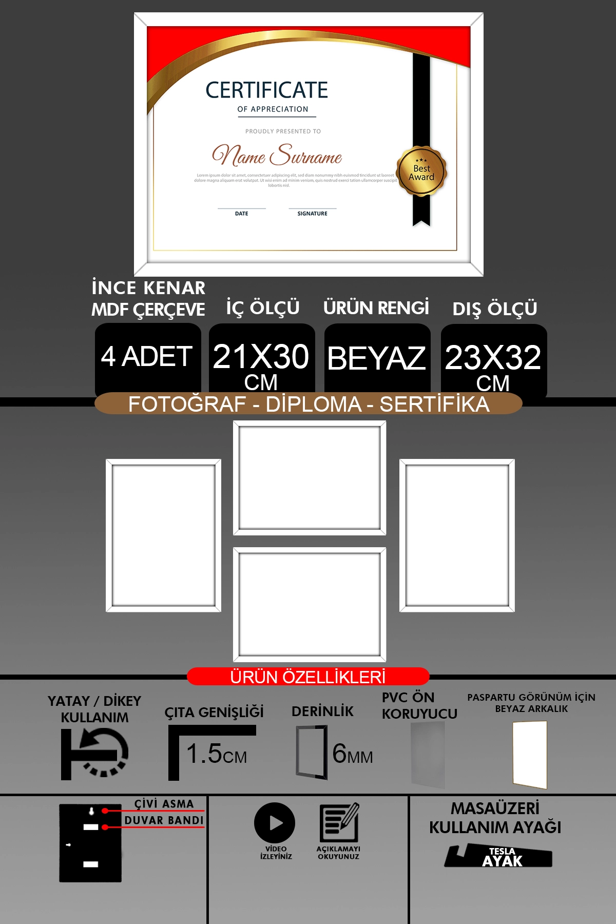 4 Adet 21x30 Çerçeve - İnce Çıtalı A4 Çerçeve - Fotoğraf Sertifika Çerçevesi