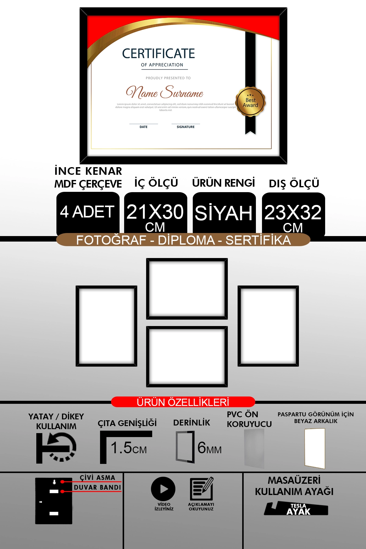 4 Adet 21x30 Çerçeve - İnce Çıtalı A4 Çerçeve - Fotoğraf Sertifika Çerçevesi