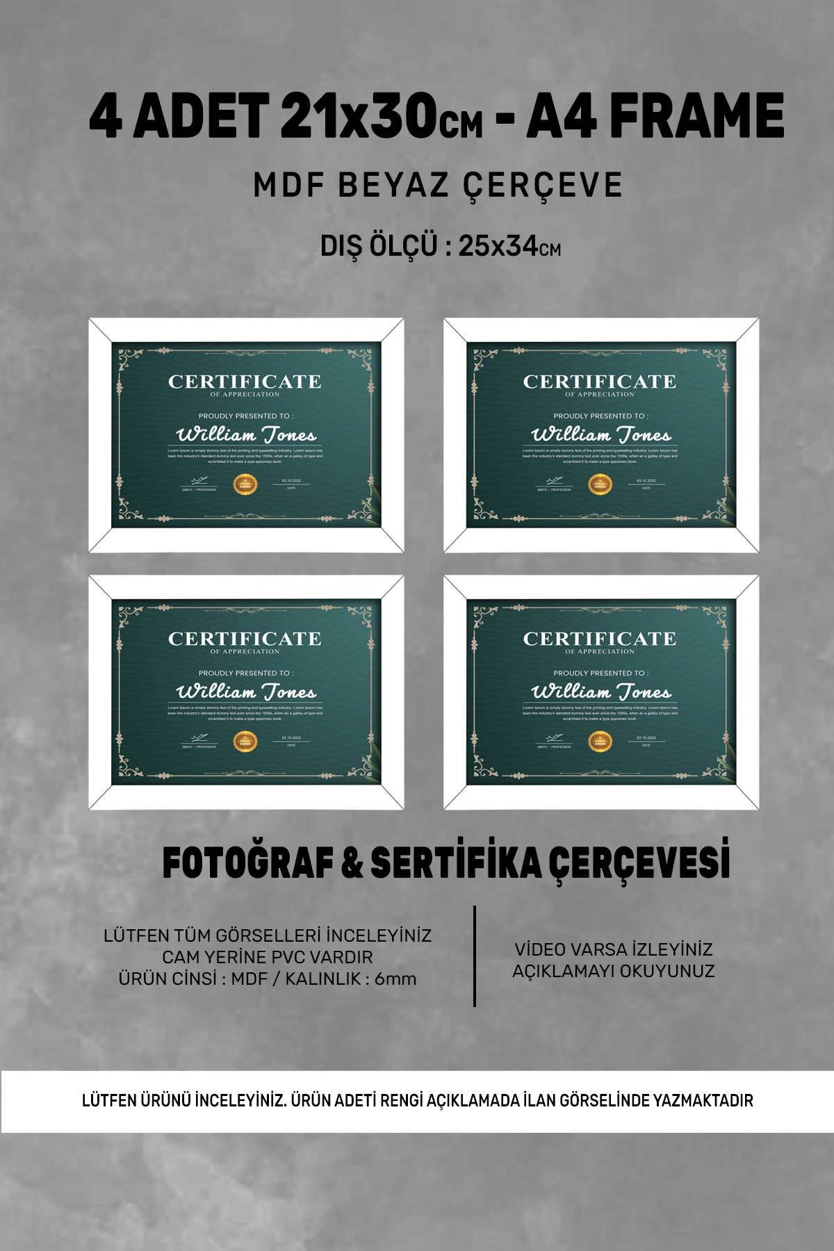 4 ADET 21x30 MDF ÇERÇEVE - DİKDÖRTGEN ÇERÇEVE Fotoğraf Çerçevesi