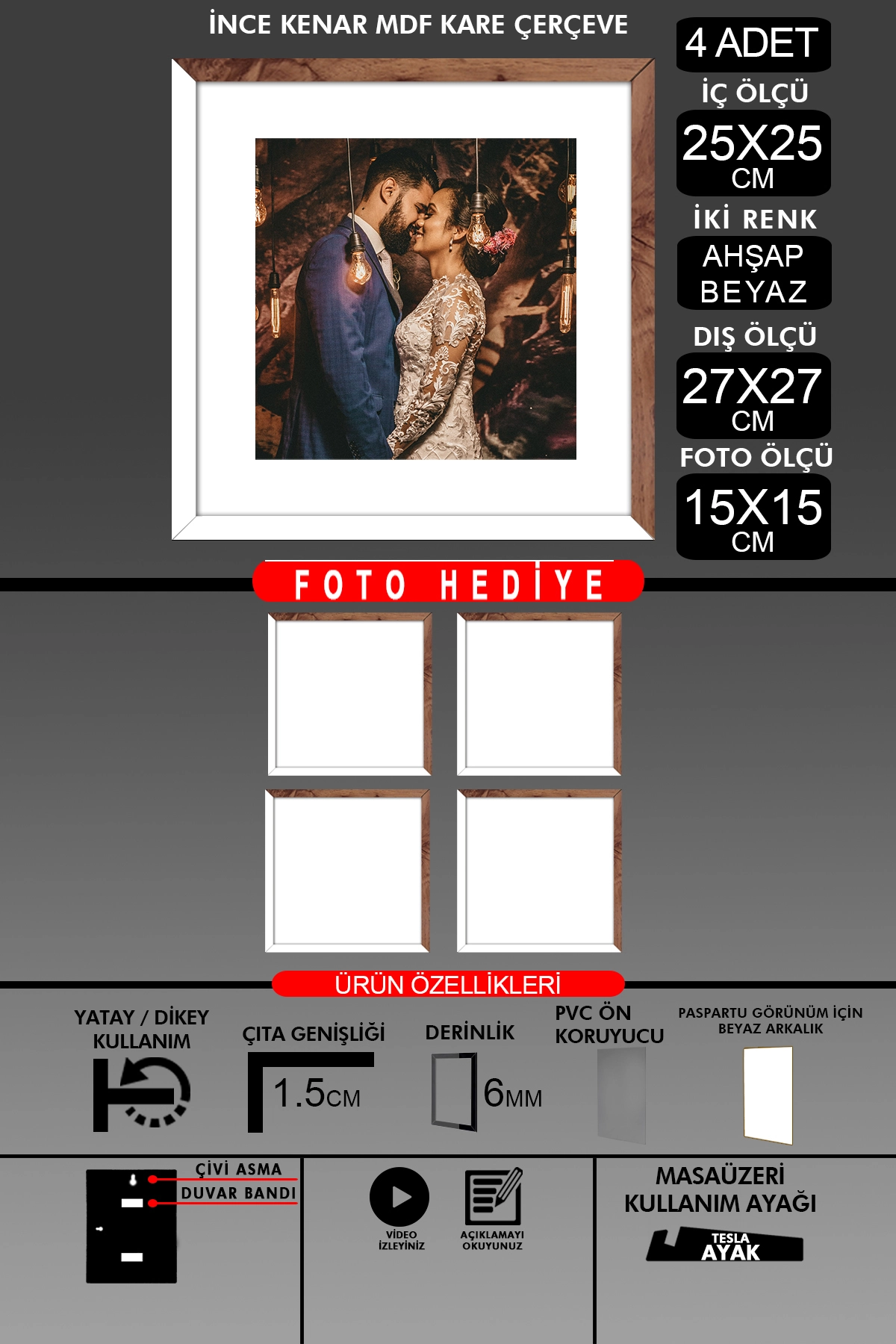 4 Adet 25x25 Çerçeve - İnce Çıtalı Çerçeve -Kare Çerçeve Fotoğraf Çerçevesi