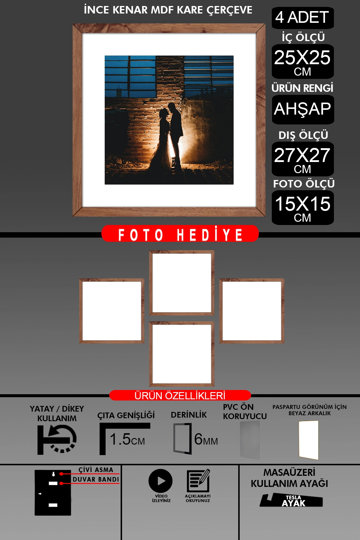 4 Adet 25x25 Çerçeve - İnce Çıtalı Çerçeve -Kare Çerçeve Fotoğraf Çerçevesi